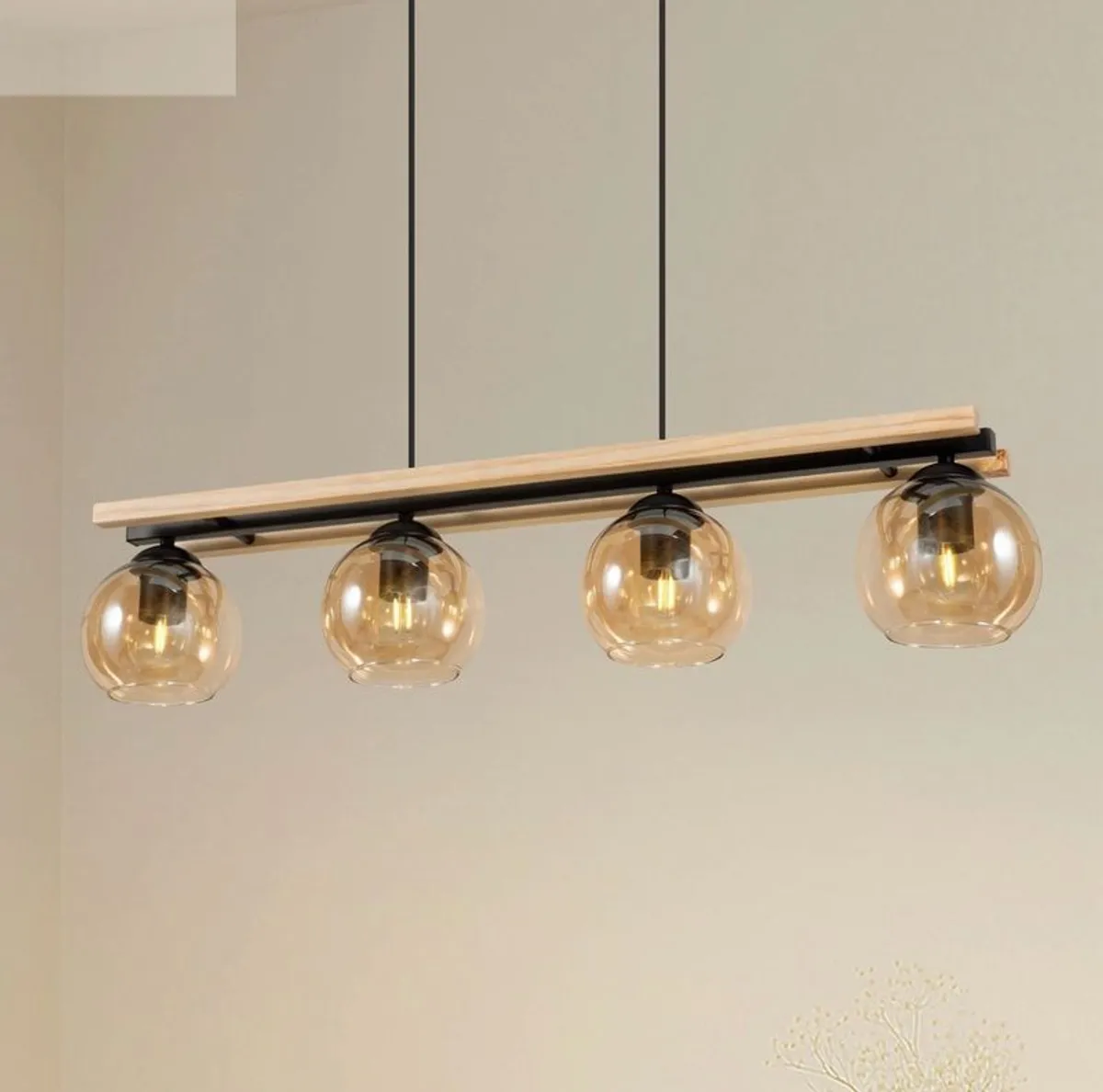 Pendant light with wooden beam and clear glass shades in amber - Image 1
