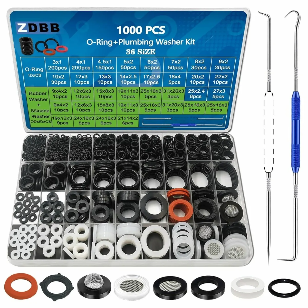 1000 Pcs 18 Size O Ring Kit+18 Size Rubber Washers
