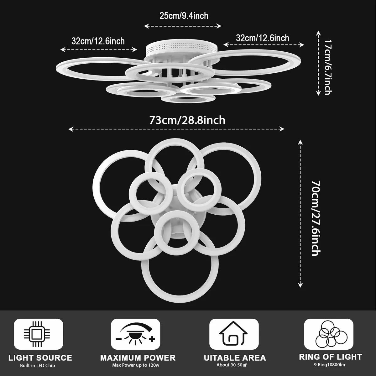 120W Living Room Lights Ceiling 9 Ring 10800lm - Image 4
