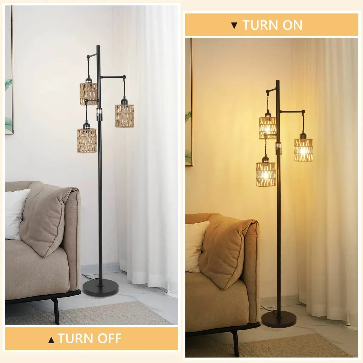 Dimmable Rattan Floor Lamp 3-Lights Boho with - Image 3