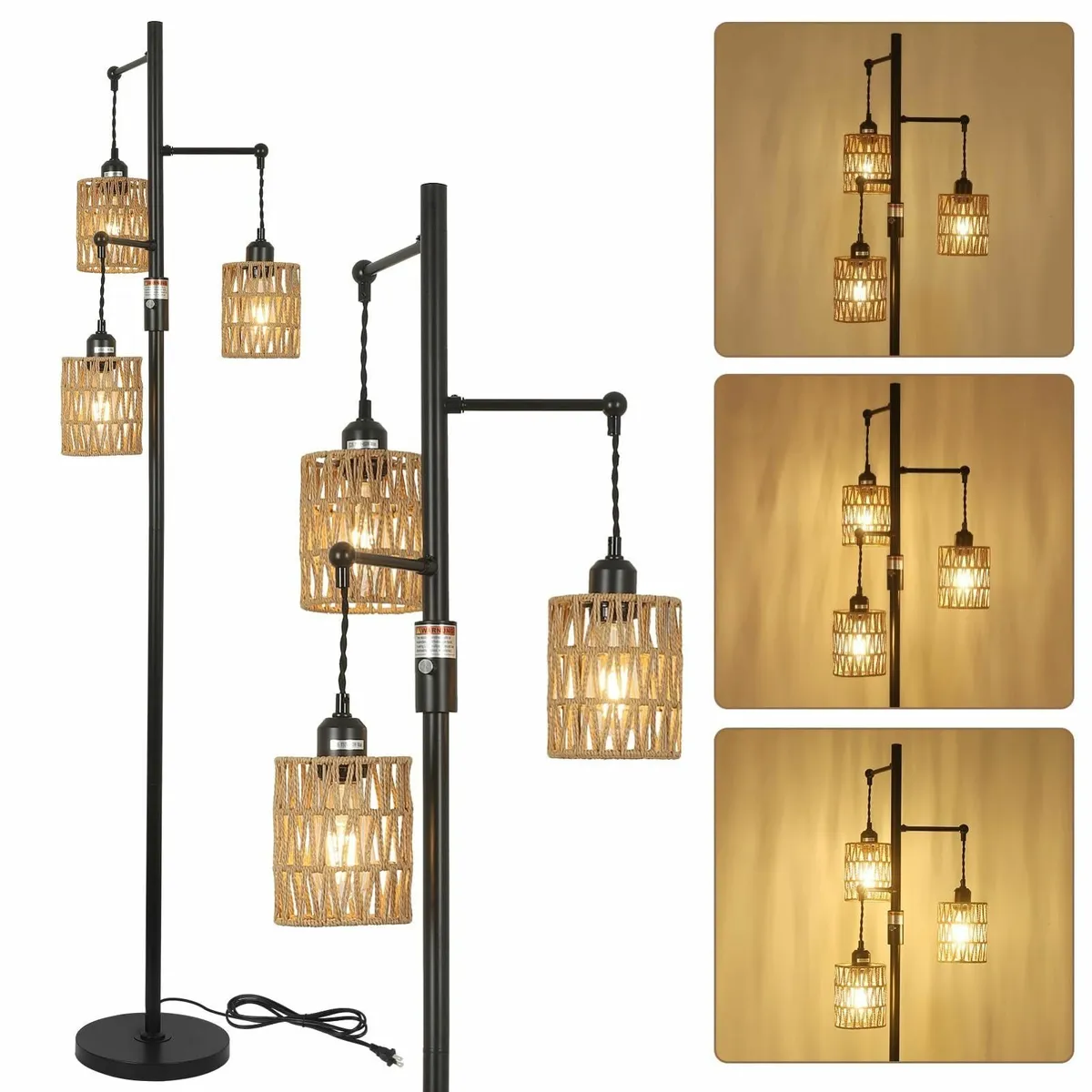 Dimmable Rattan Floor Lamp 3-Lights Boho with - Image 1