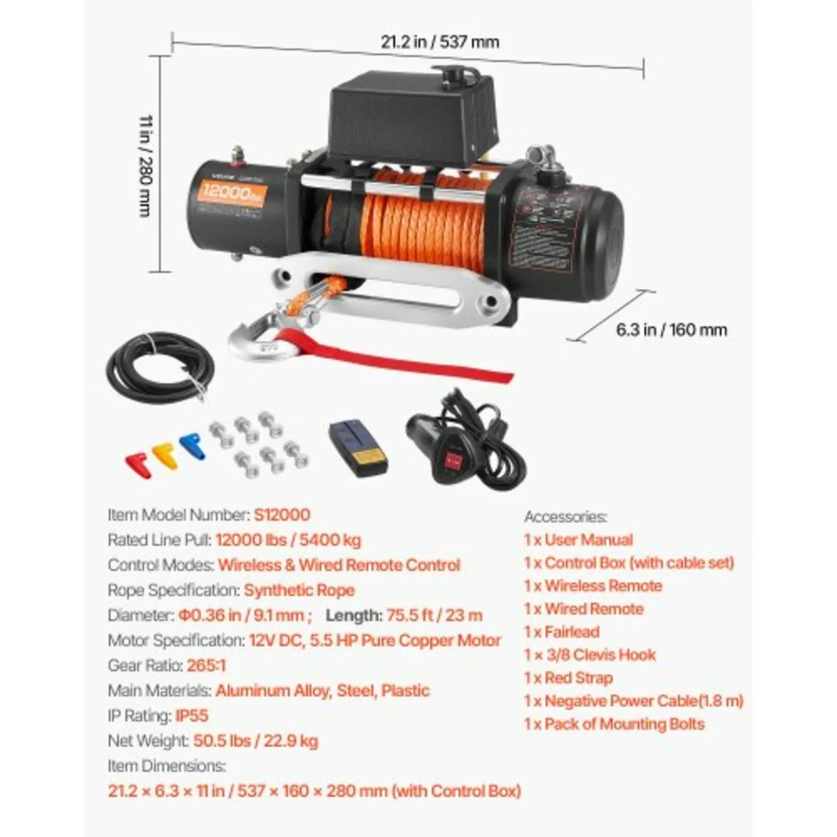 Electric Winch, 5400 kg Load Capacity, 12V DC Truc - Image 3