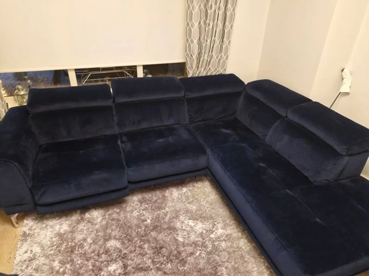 L shaped Navy Velvet Couch - Image 1