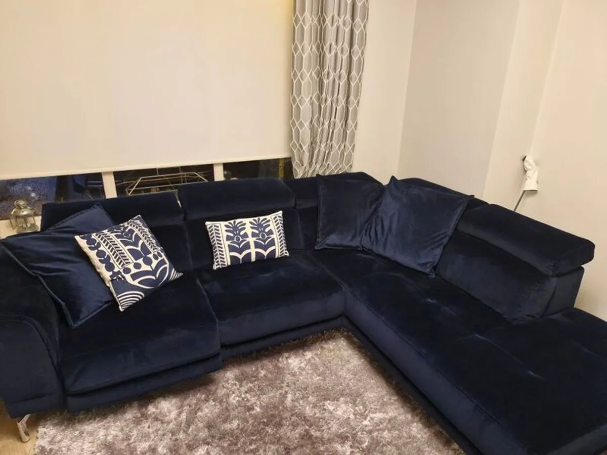 L shaped Navy Velvet Couch - Image 2