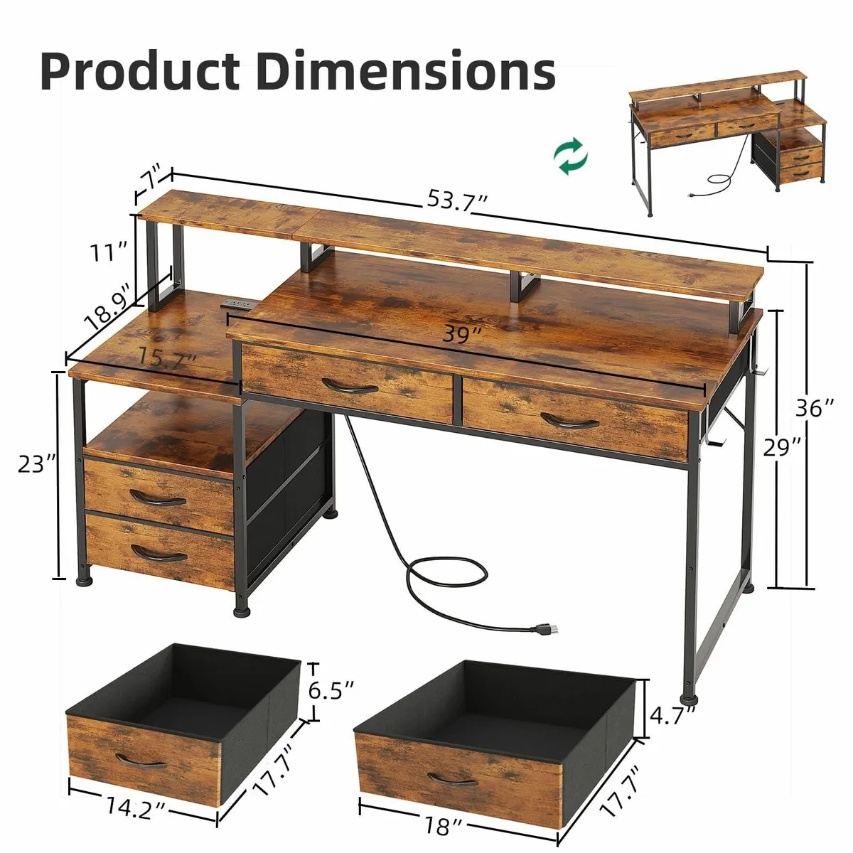 135cm Computer Desk with Power Outlet and - Image 3