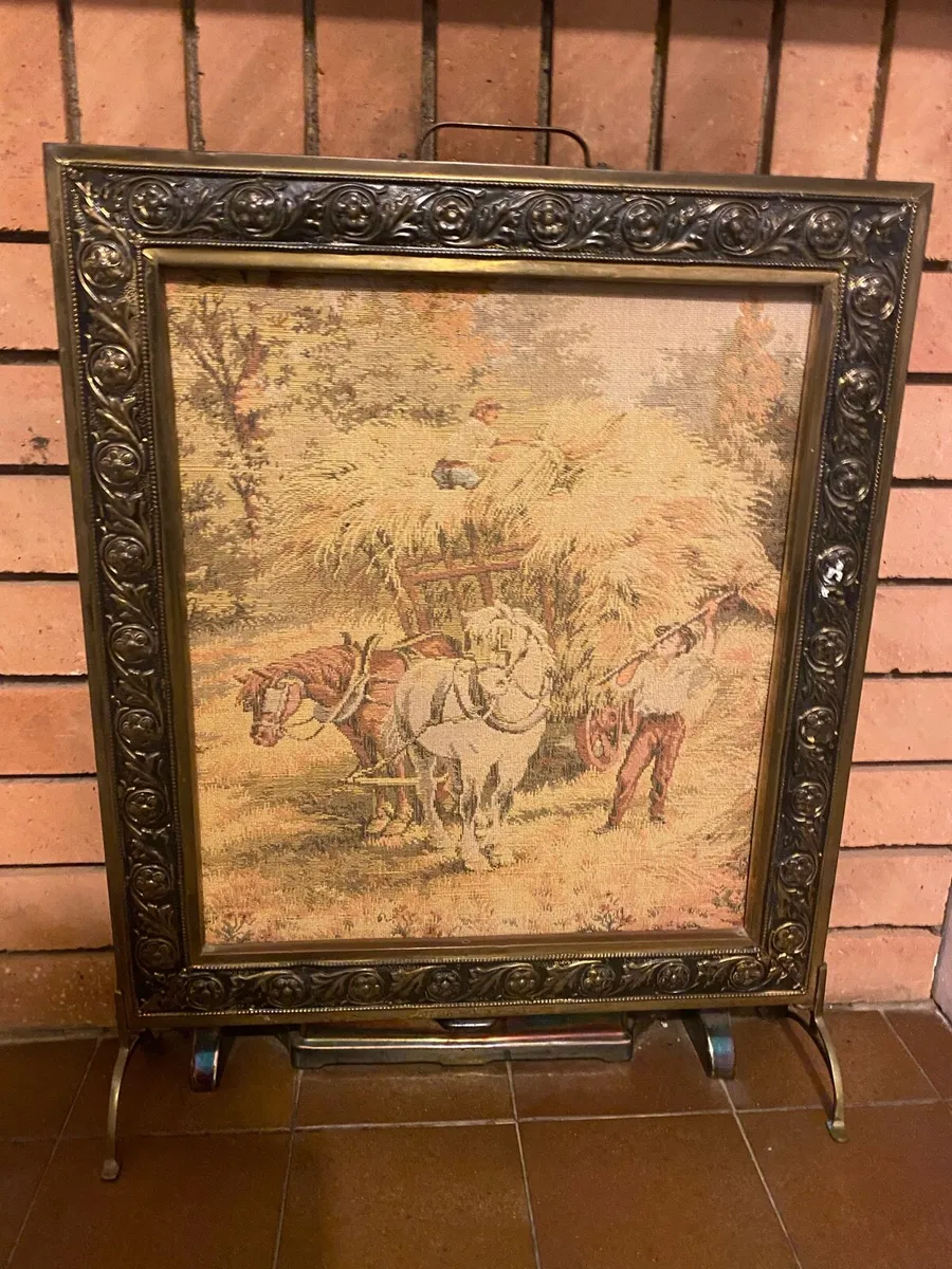 Brass and tapestry fireplace screen- vintage