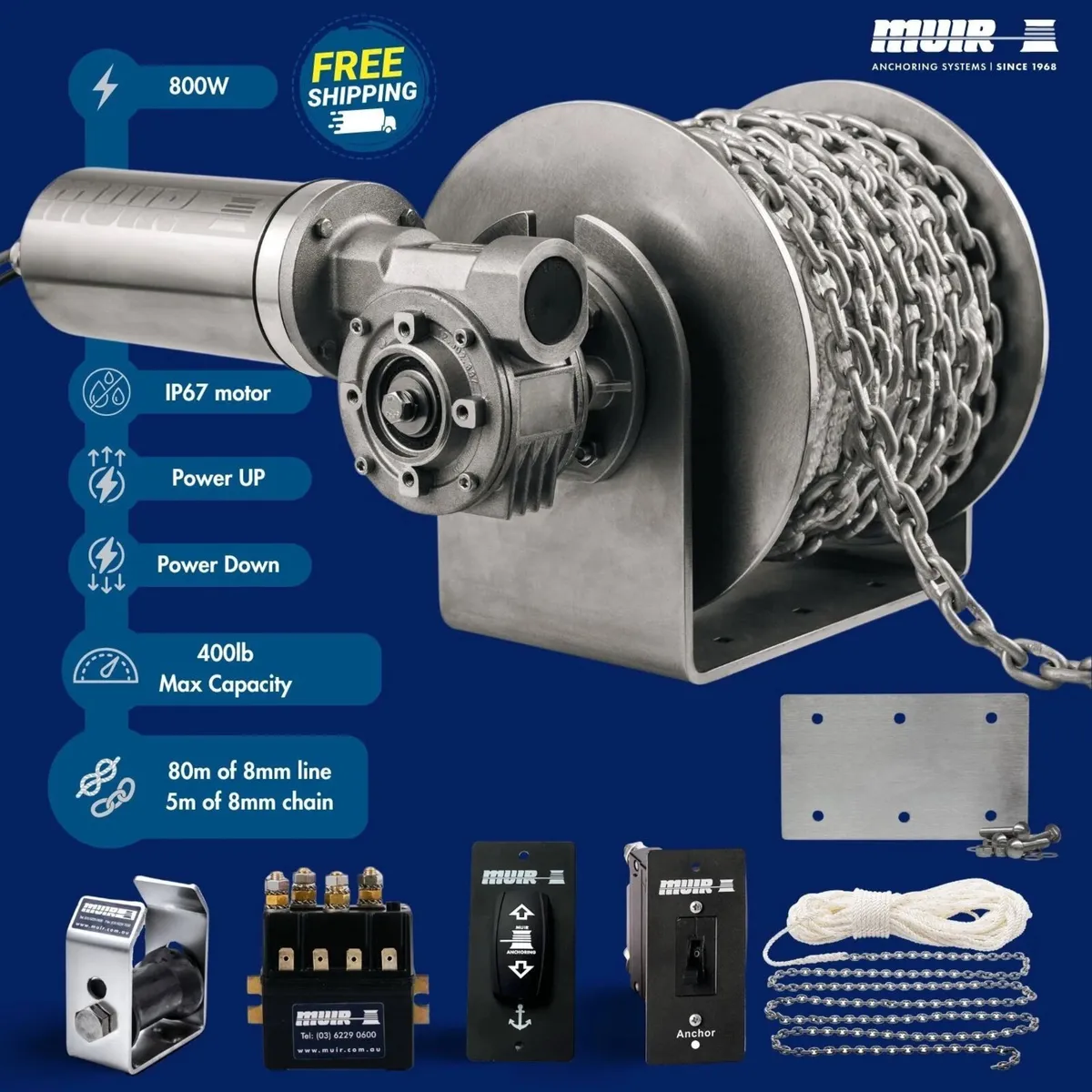 Drum Winch 800W 316SS Muir DW08 for 16-28ft Boats - Image 1