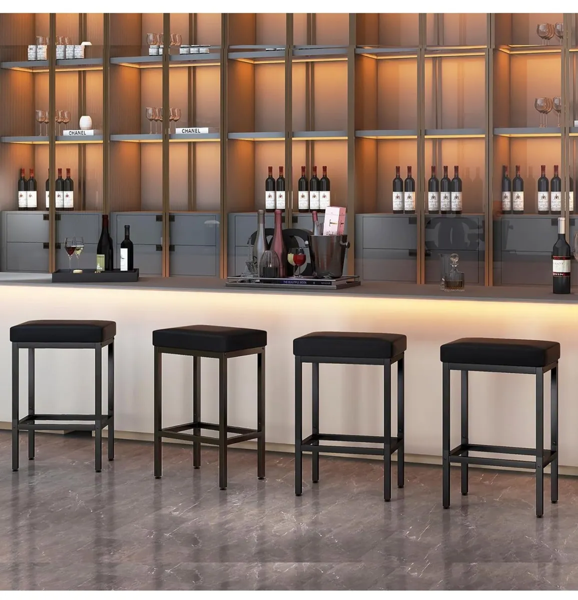 66 cm Bar Stools Set of 4, Black Breakfast Barstoo - Image 4