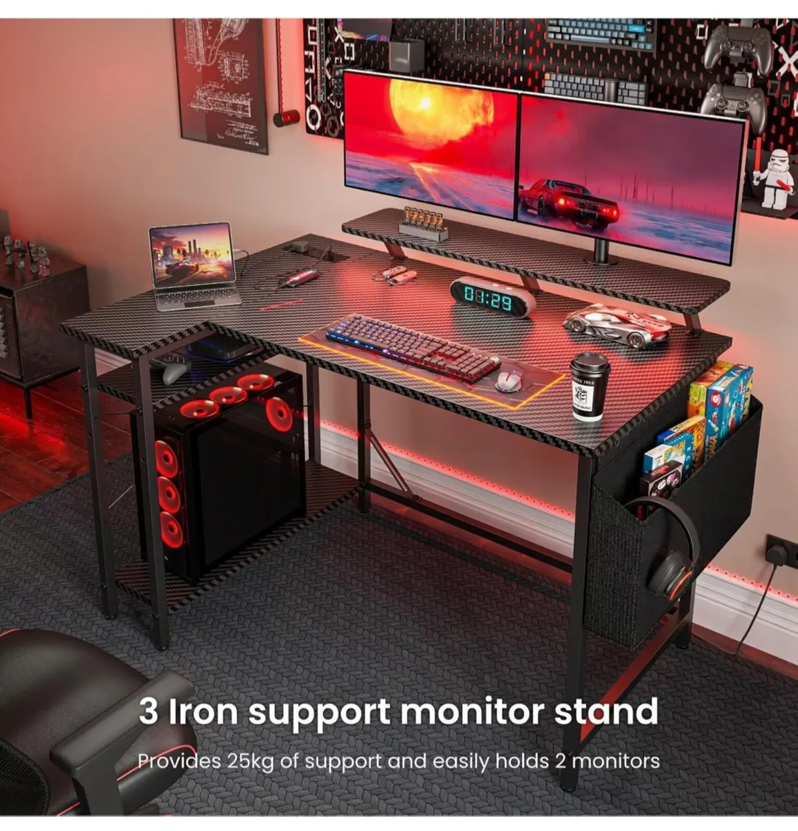 L Shaped Gaming Desk with LED Lights & Power Outle - Image 1