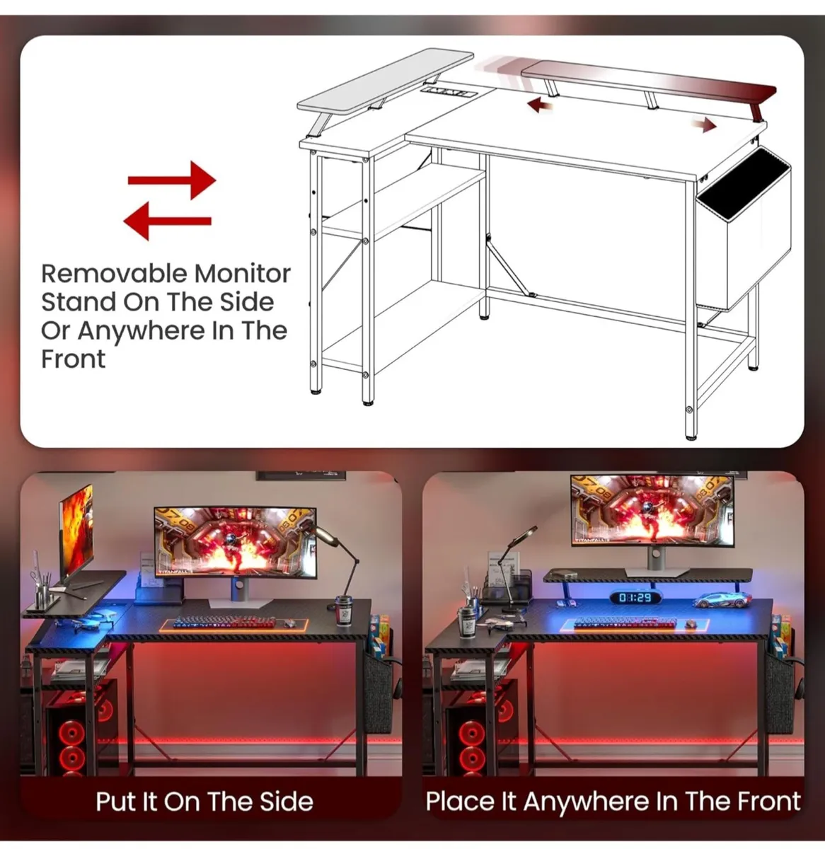 L Shaped Gaming Desk with LED Lights & Power Outle - Image 3