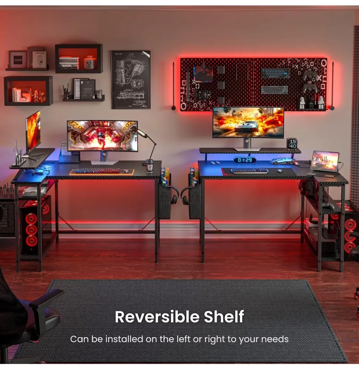 L Shaped Gaming Desk with LED Lights & Power Outle - Image 4