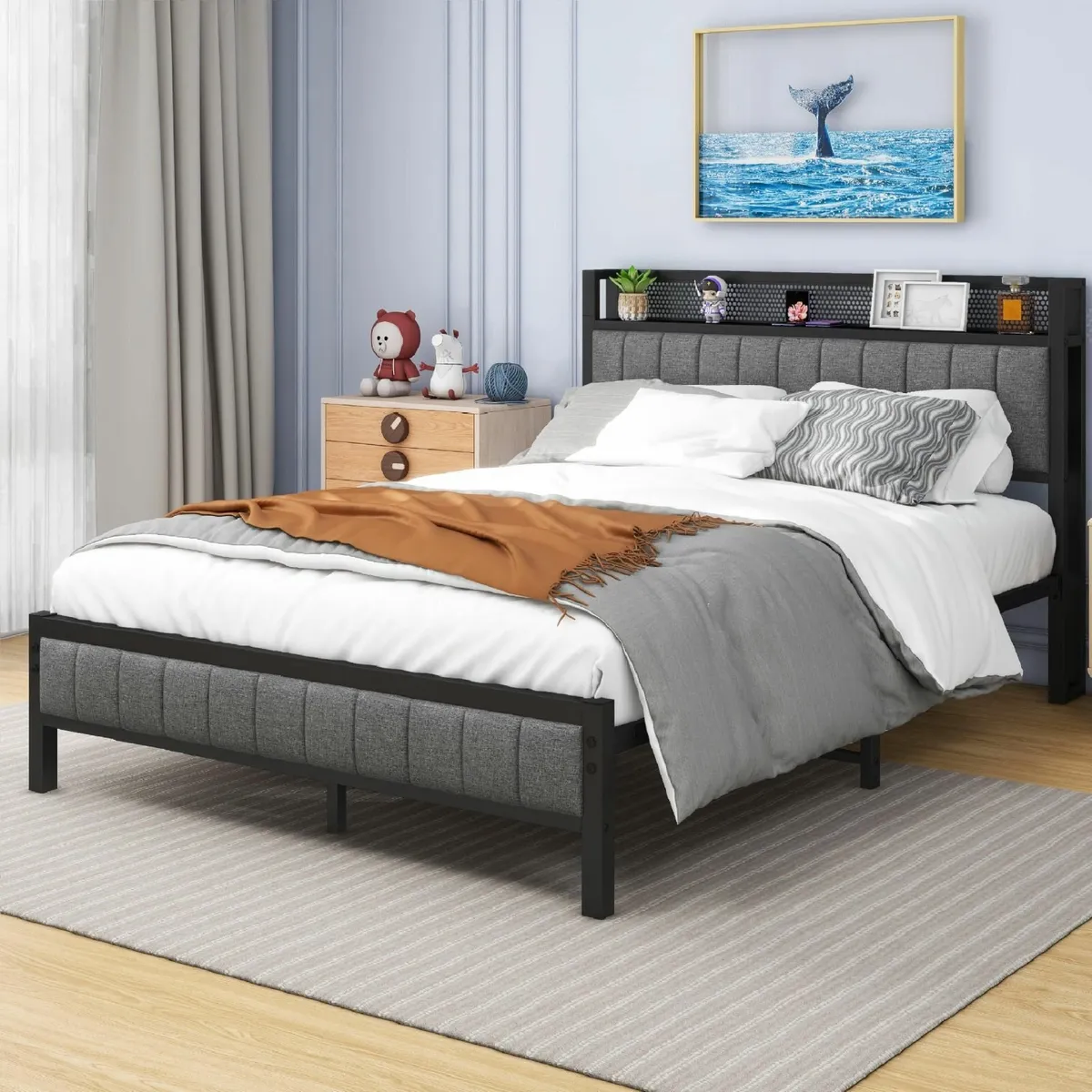 Double Bed Frame with Storage Headboard Shelf - Image 3