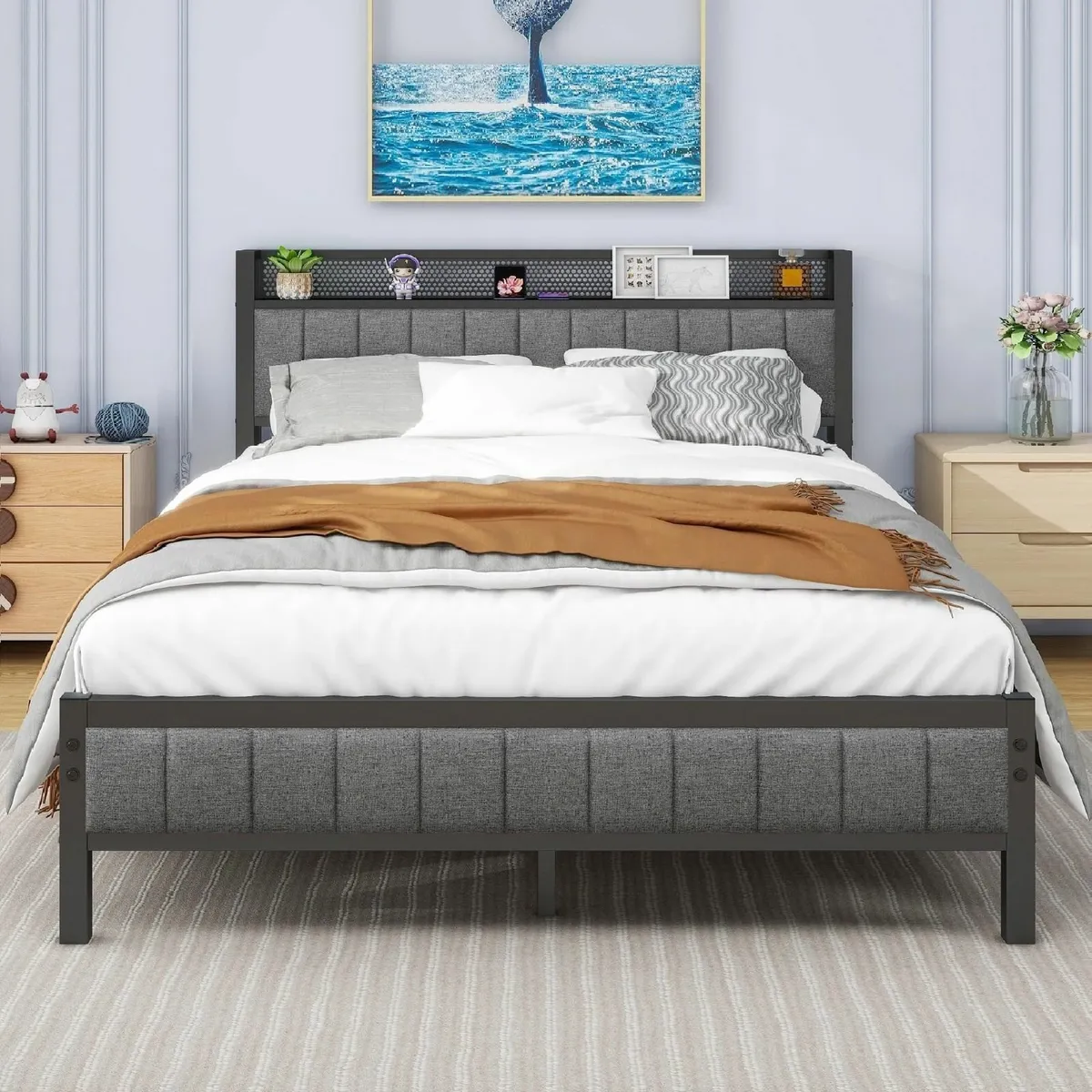 Double Bed Frame with Storage Headboard Shelf - Image 1