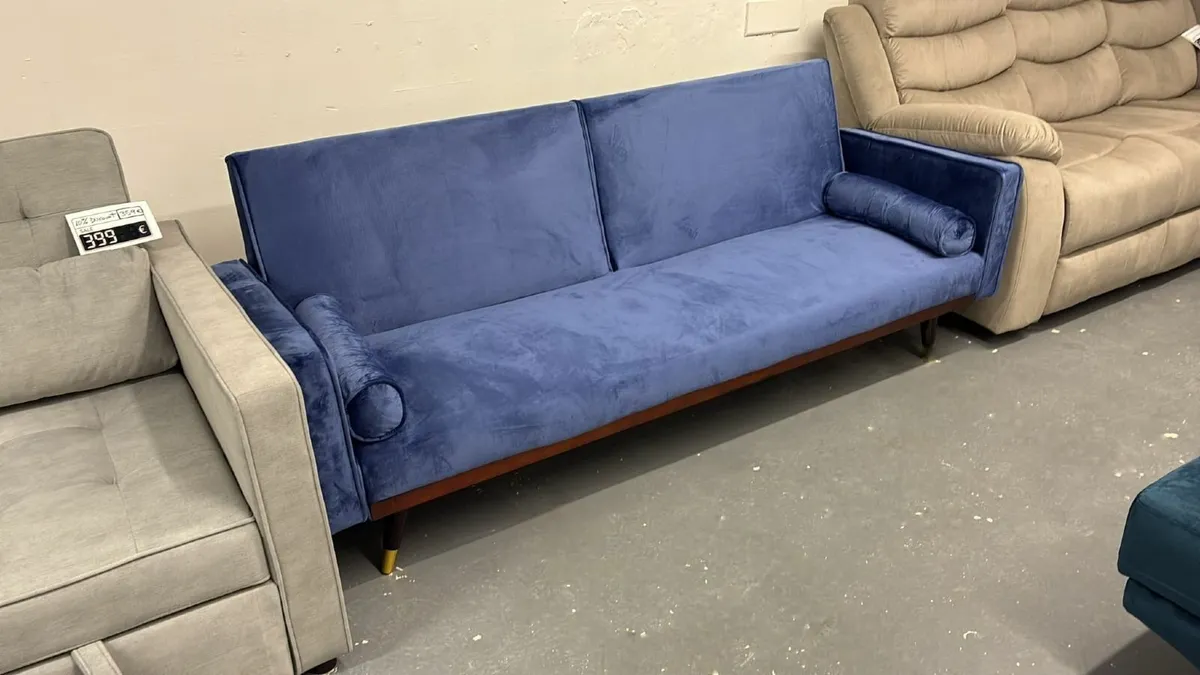 3-Seater Sofa Bed with Gold Legs , Blue velvet - Image 1