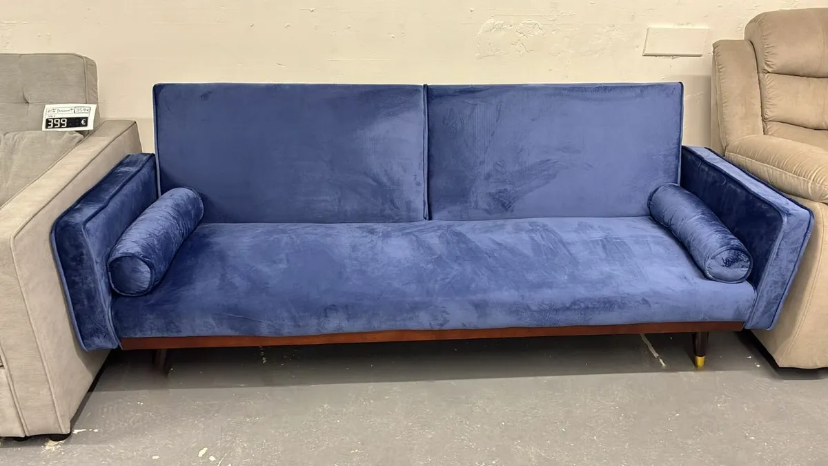 3-Seater Sofa Bed with Gold Legs , Blue velvet - Image 1