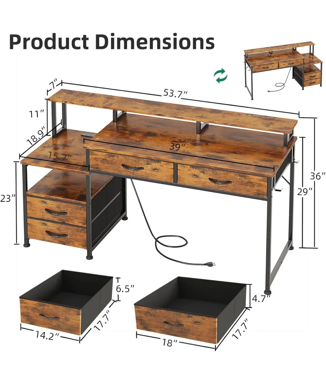 135cm Computer Desk with Power Outlet and Charging - Image 2