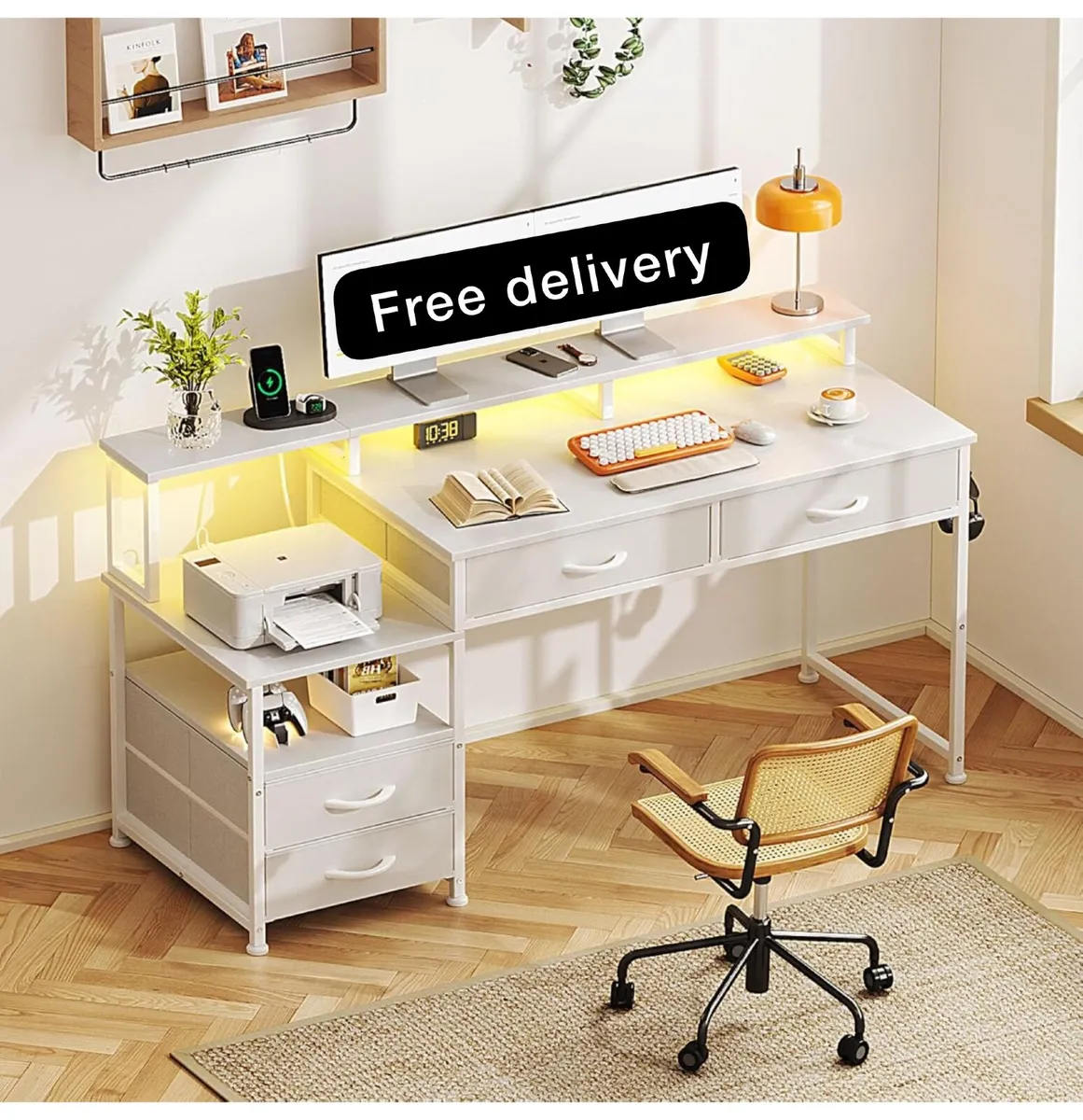 135cm Computer Desk with Power Outlet and Charging - Image 1