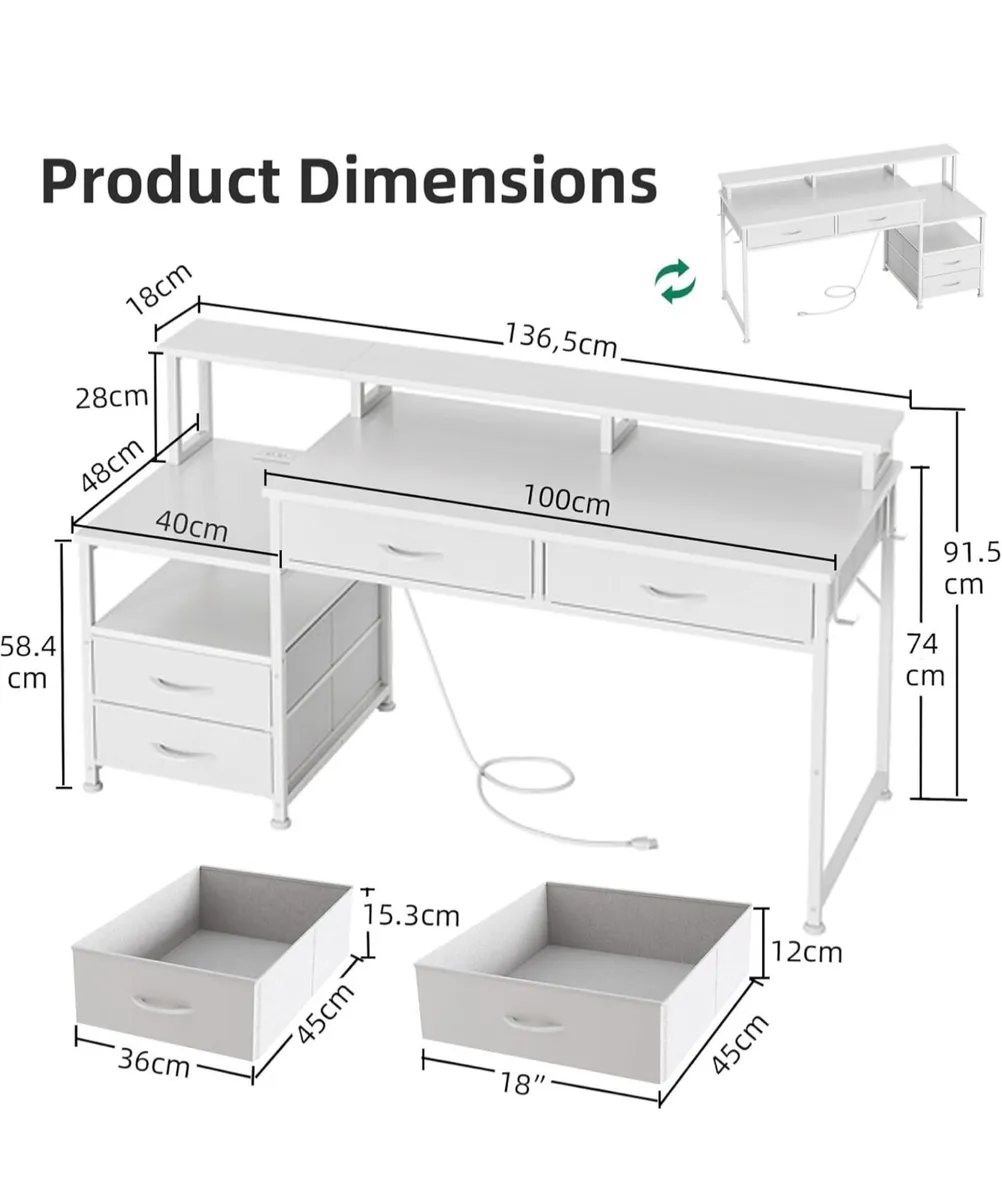 135cm Computer Desk with Power Outlet and Charging - Image 2