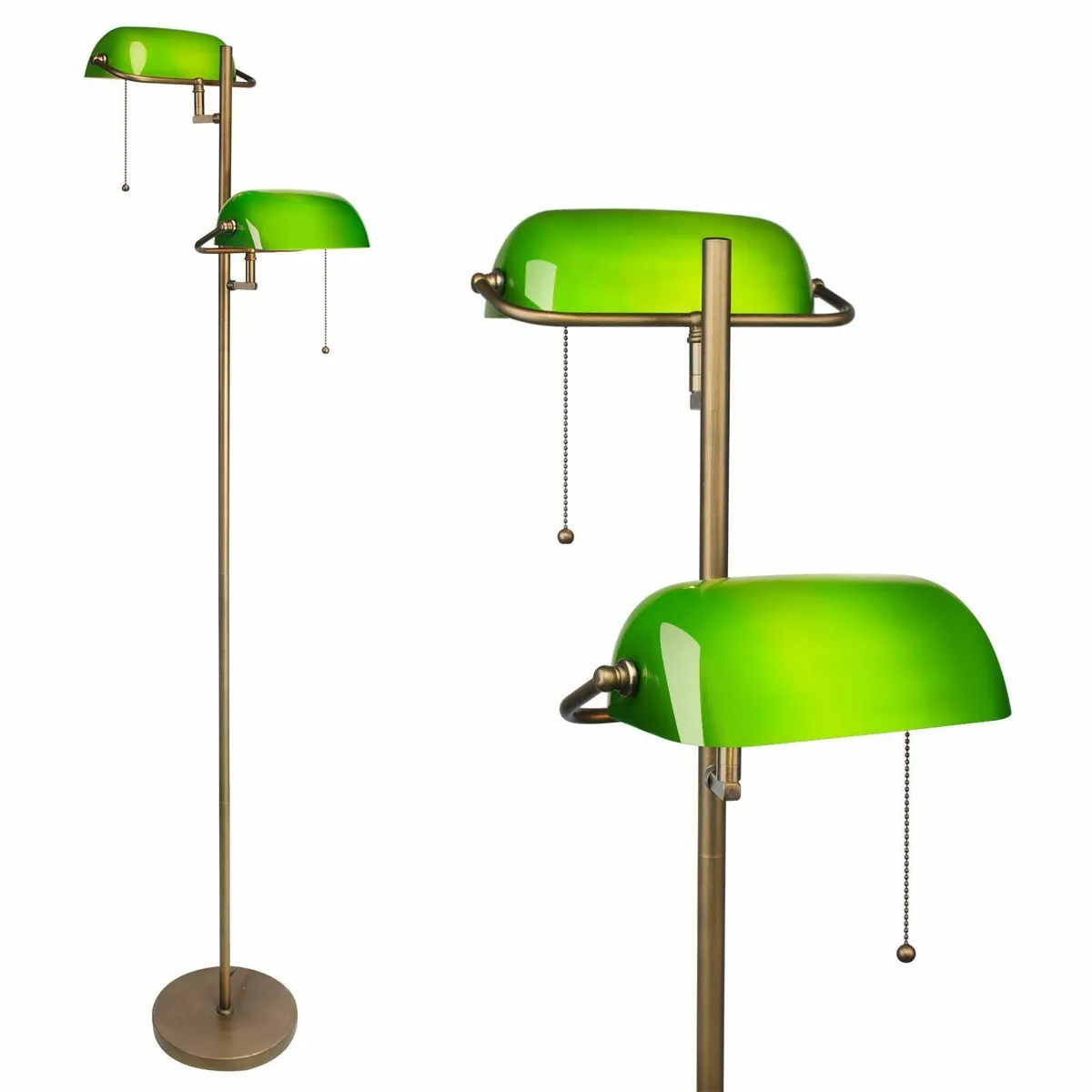 Green Glass Bankers Floor Lamp Double Light Slim - Image 1