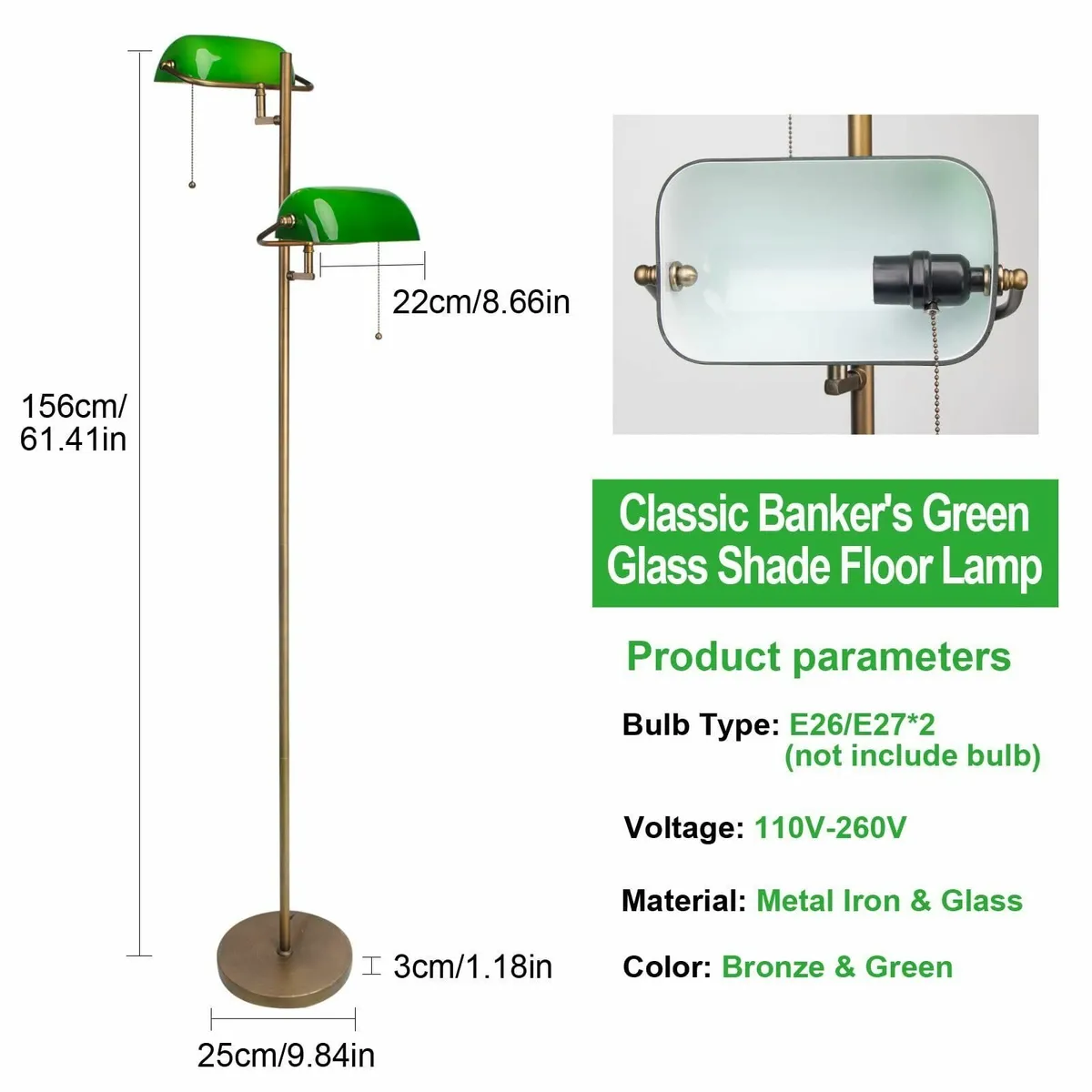 Green Glass Bankers Floor Lamp Double Light Slim - Image 2