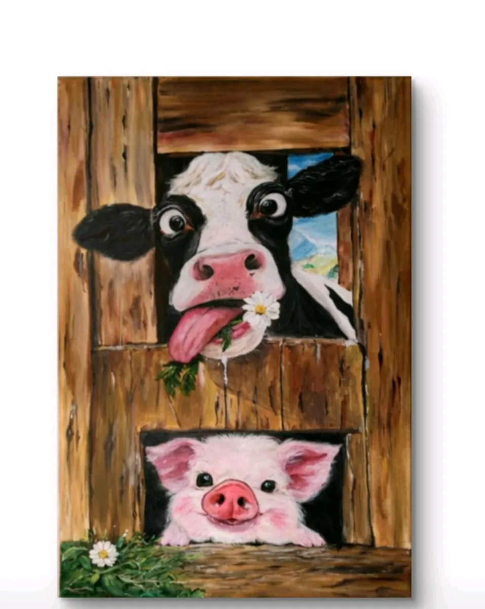 Acrylic painting 'Playful Cow and Piglet' - Image 1