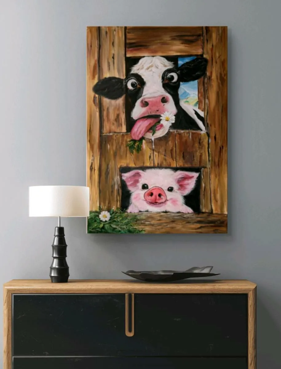 Acrylic painting 'Playful Cow and Piglet' - Image 2