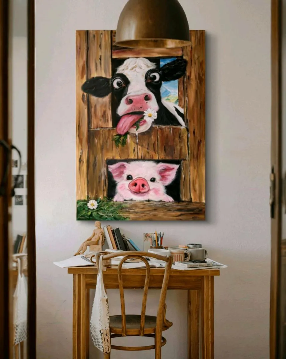 Acrylic painting 'Playful Cow and Piglet' - Image 4