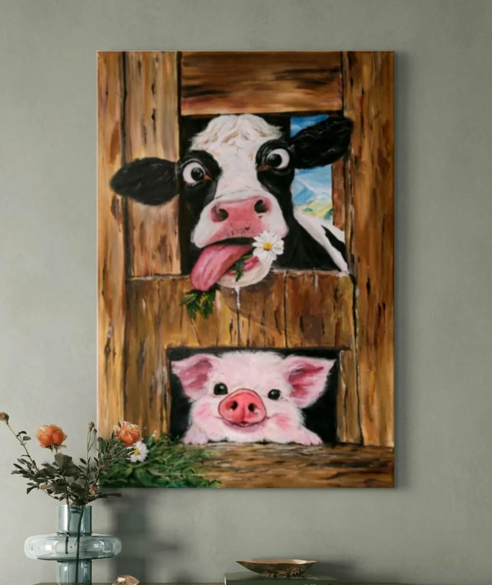 Acrylic painting 'Playful Cow and Piglet' - Image 3