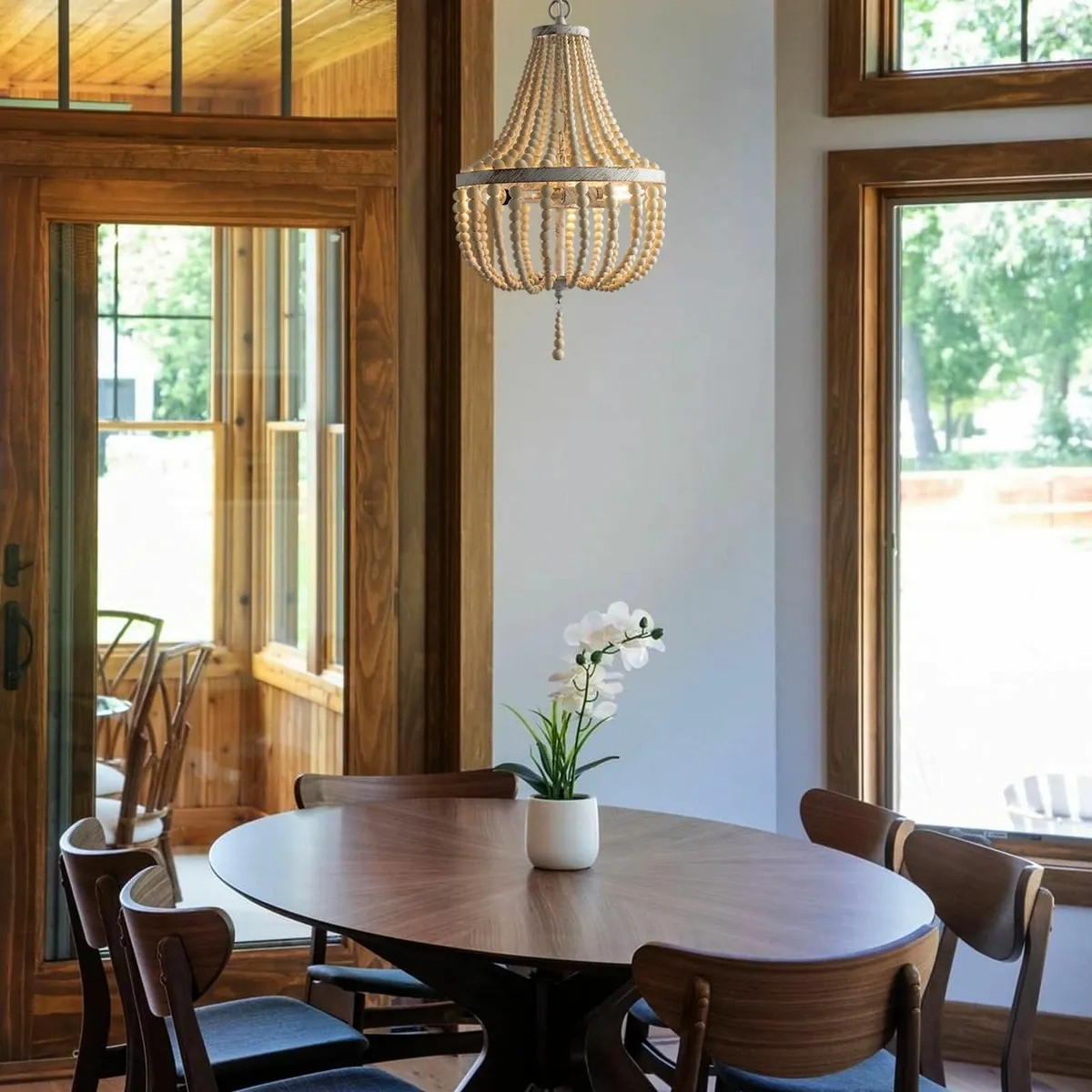 3-Light Mini Bohemian Wood Beaded Chandelier - Image 2