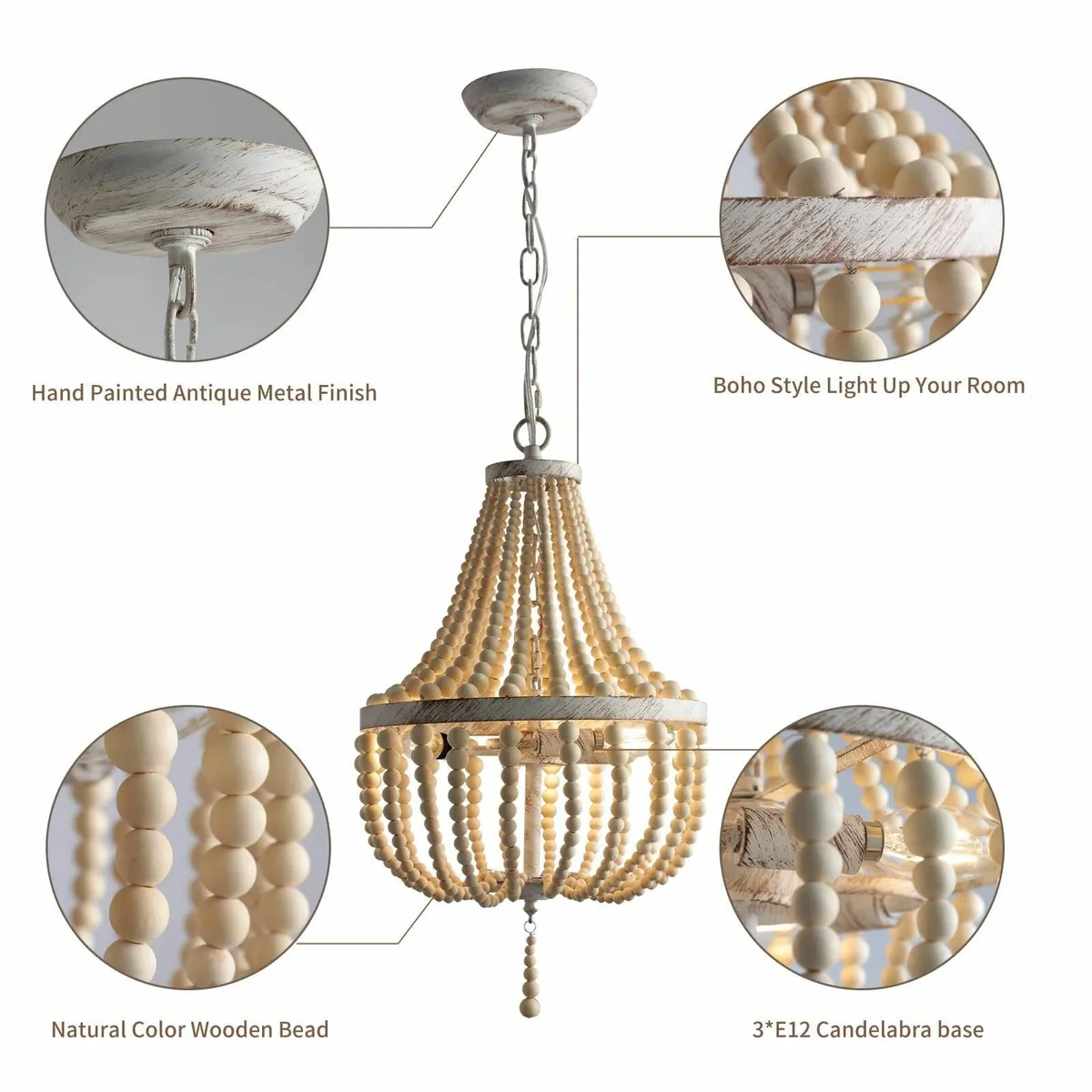 3-Light Mini Bohemian Wood Beaded Chandelier - Image 4