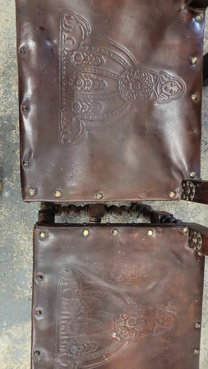 Pair early 1900s embossed leather chairs - Image 4