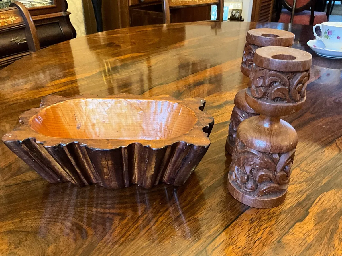 Treen Carved Bowl & Carved Hardwood Candleholders - Image 1