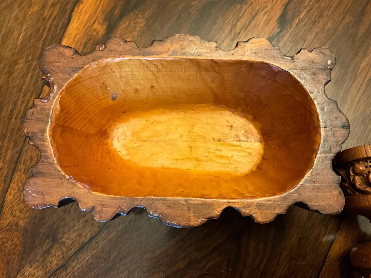 Treen Carved Bowl & Carved Hardwood Candleholders - Image 3