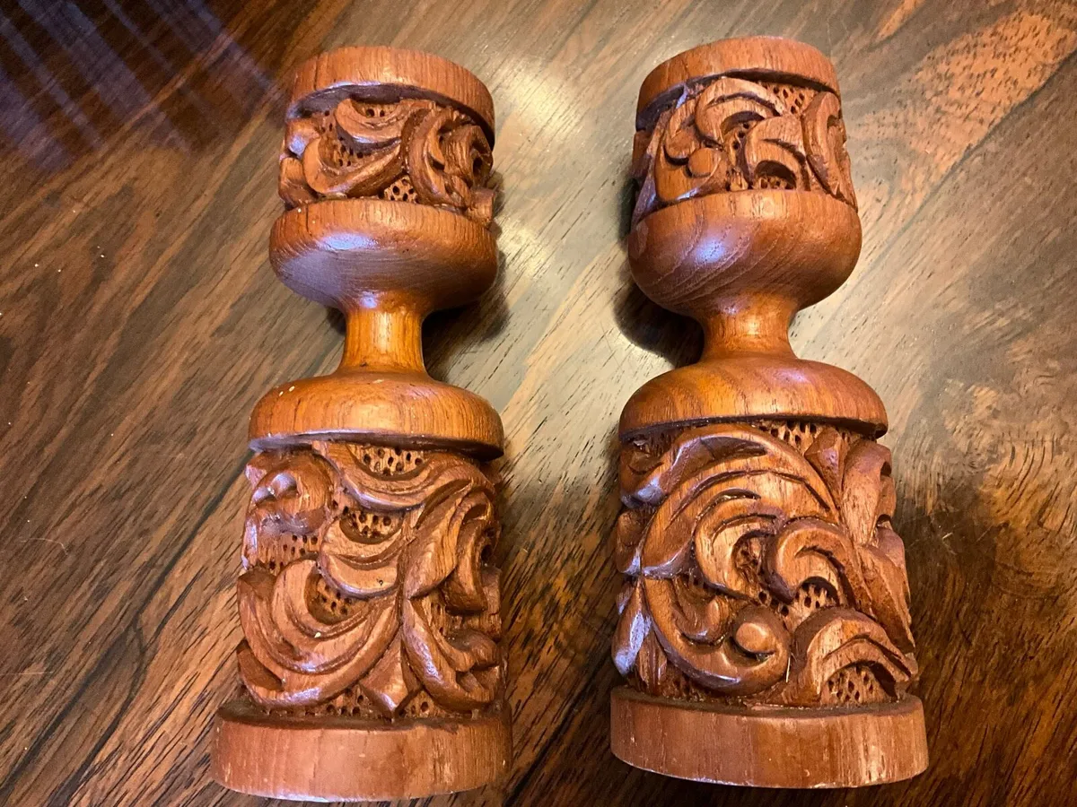 Treen Carved Bowl & Carved Hardwood Candleholders - Image 4