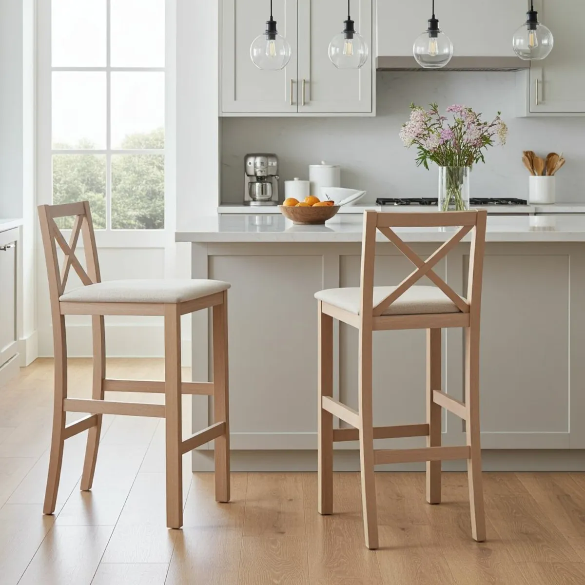 Cross-Back Bar Stool with Upholstered Seat 99cm - Image 1