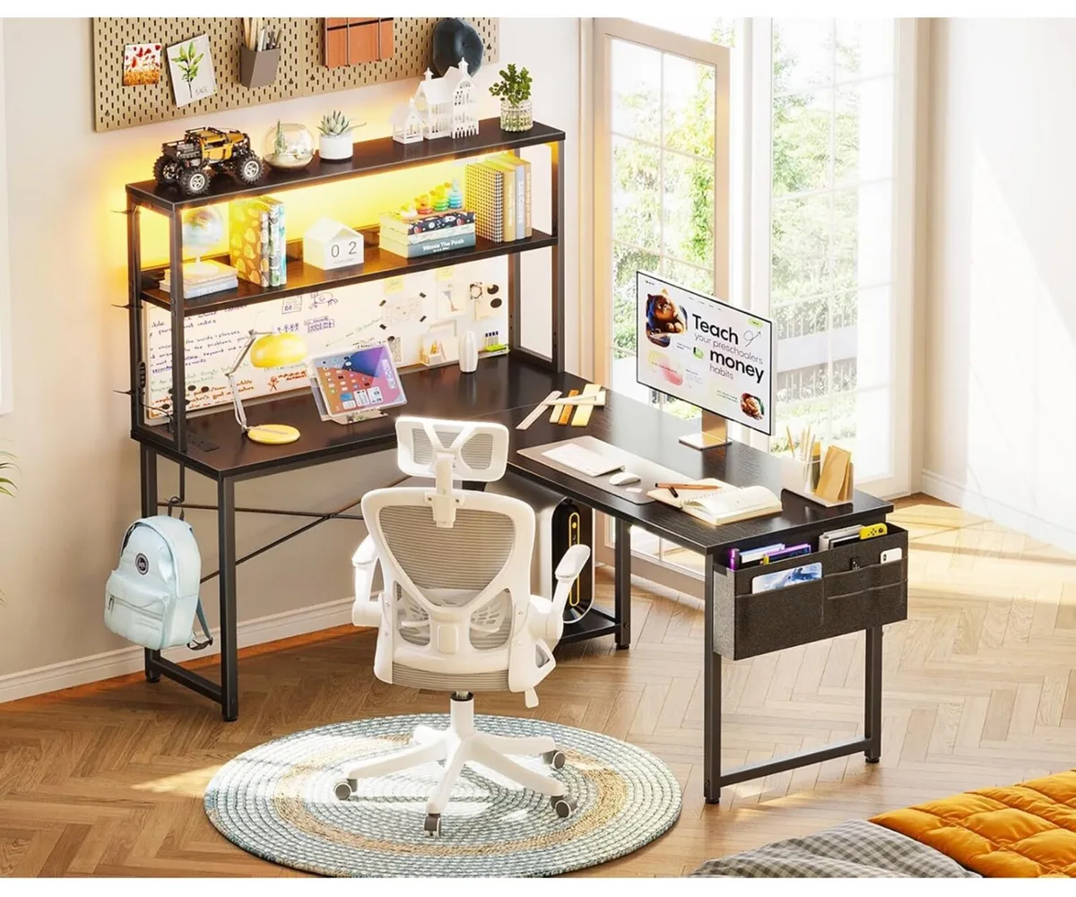 L Shaped Gaming Desk with LED Lights & Power Outle - Image 4