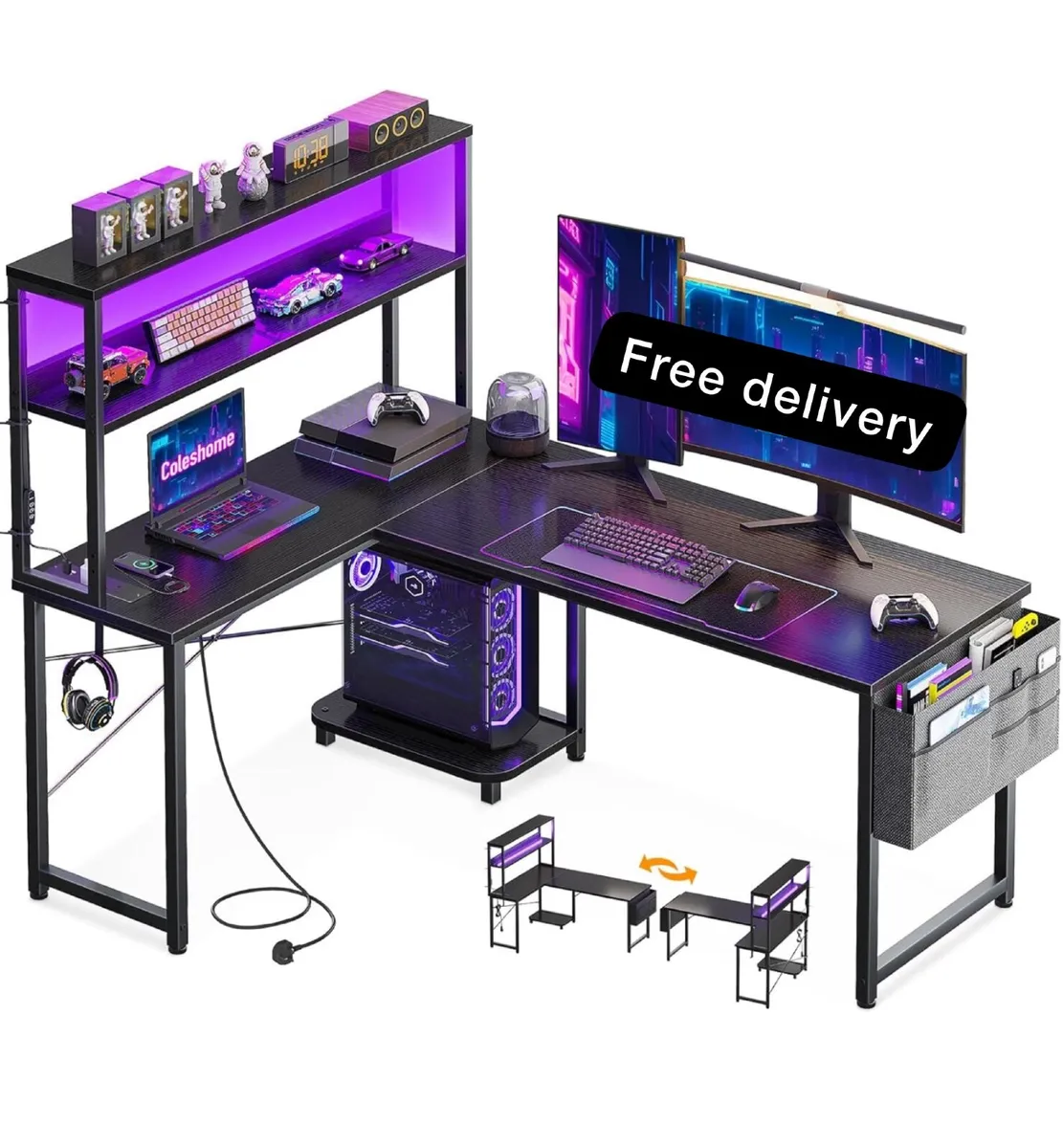 L Shaped Gaming Desk with LED Lights & Power Outle - Image 1