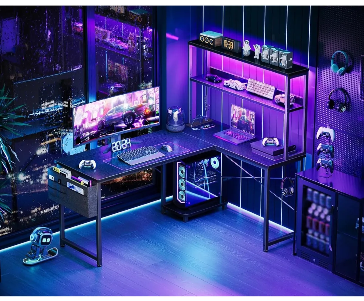 L Shaped Gaming Desk with LED Lights & Power Outle - Image 1