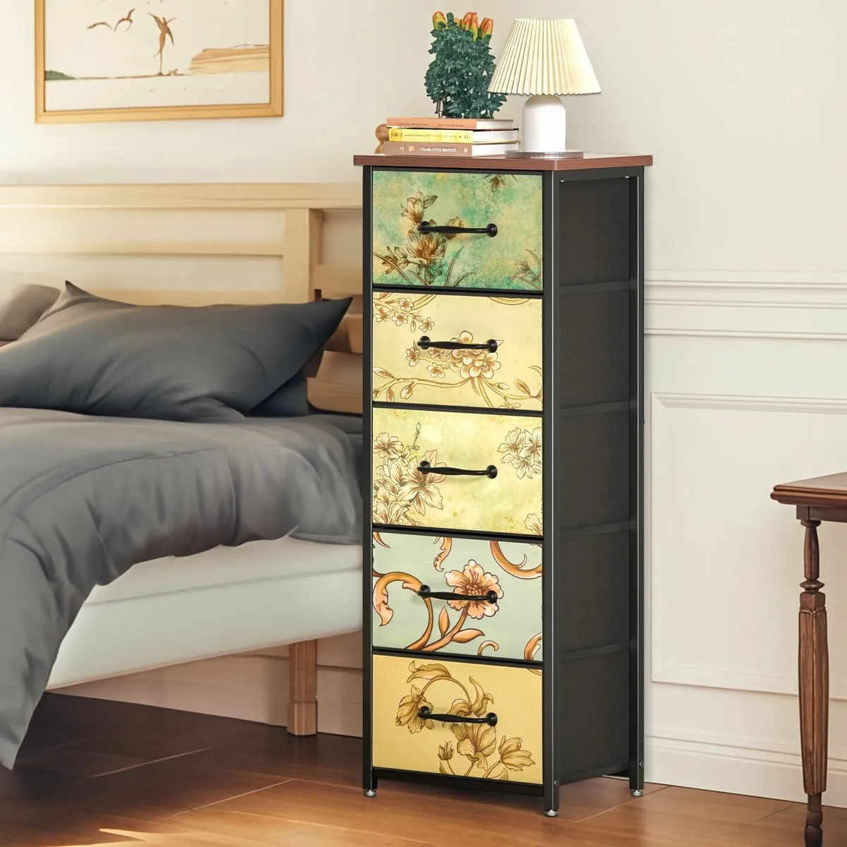 5 Drawer Tall Chest of Drawers Bedroom - Fabric - Image 2