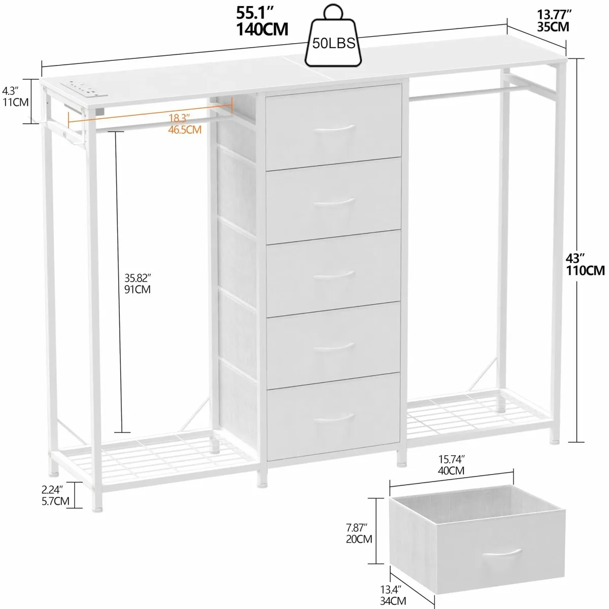 5 Drawer Dresser with Clothes Rack Chest of - Image 3