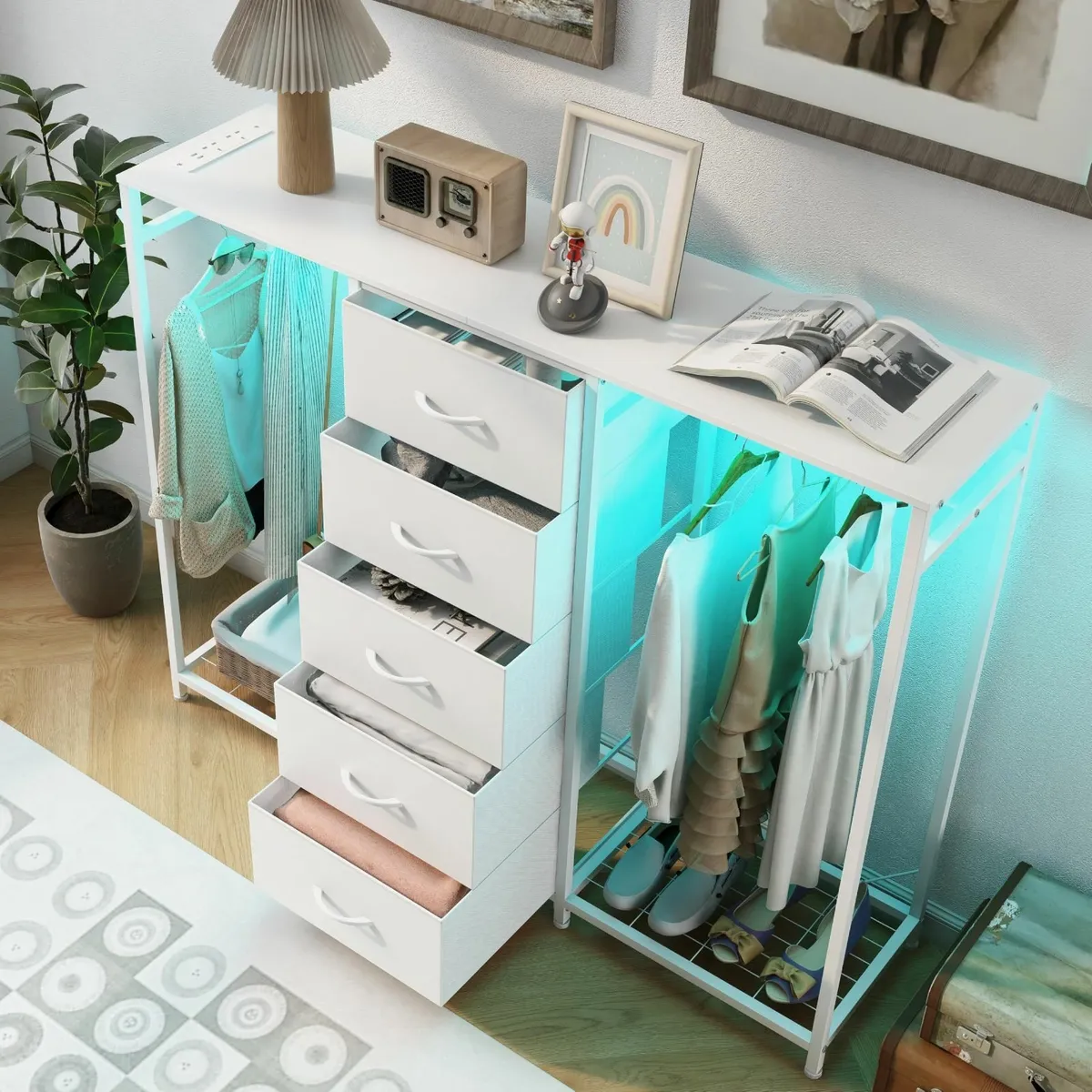 5 Drawer Dresser with Clothes Rack Chest of - Image 4