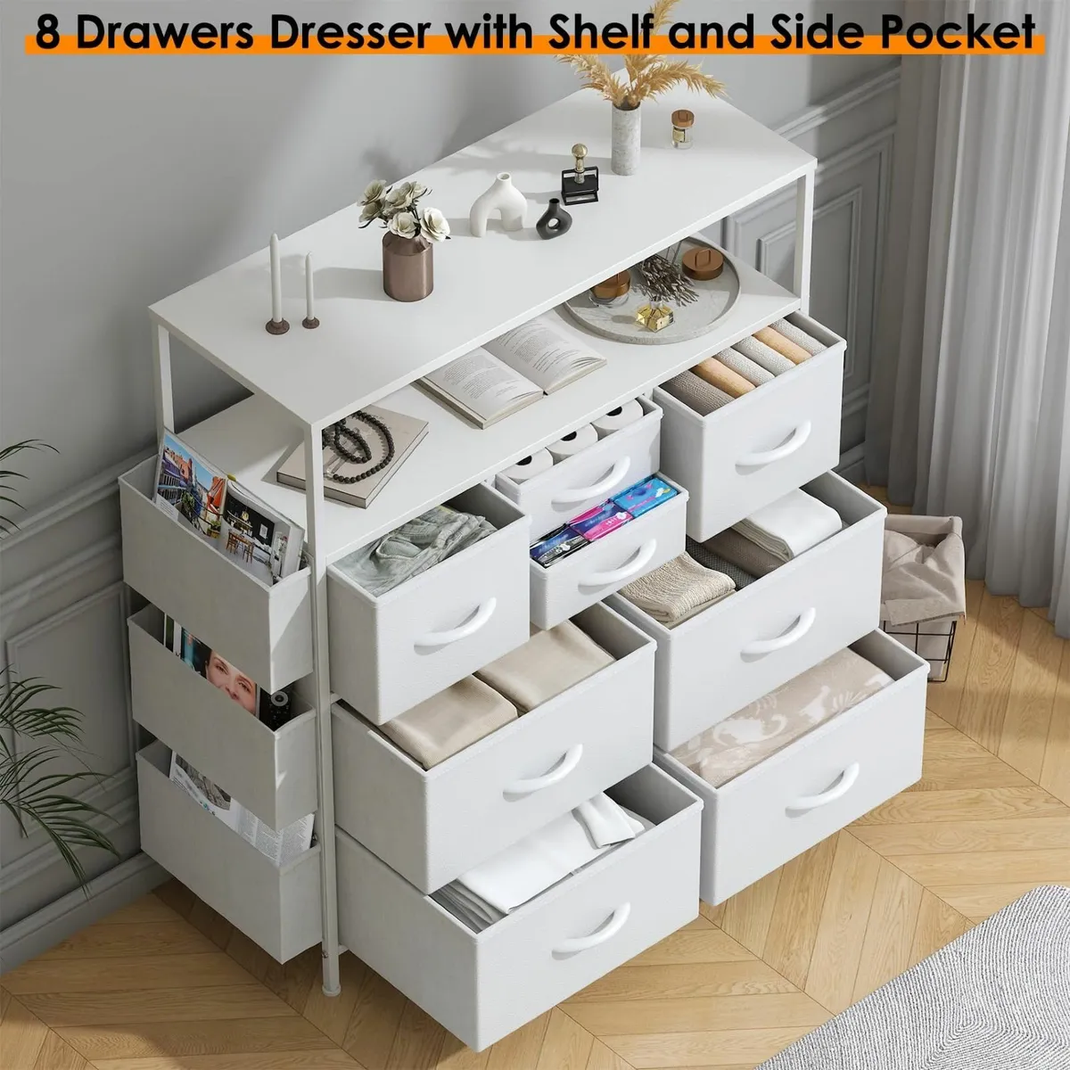 Tall Chest of Drawers 8 Fabric Dresser with Shelf - Image 4