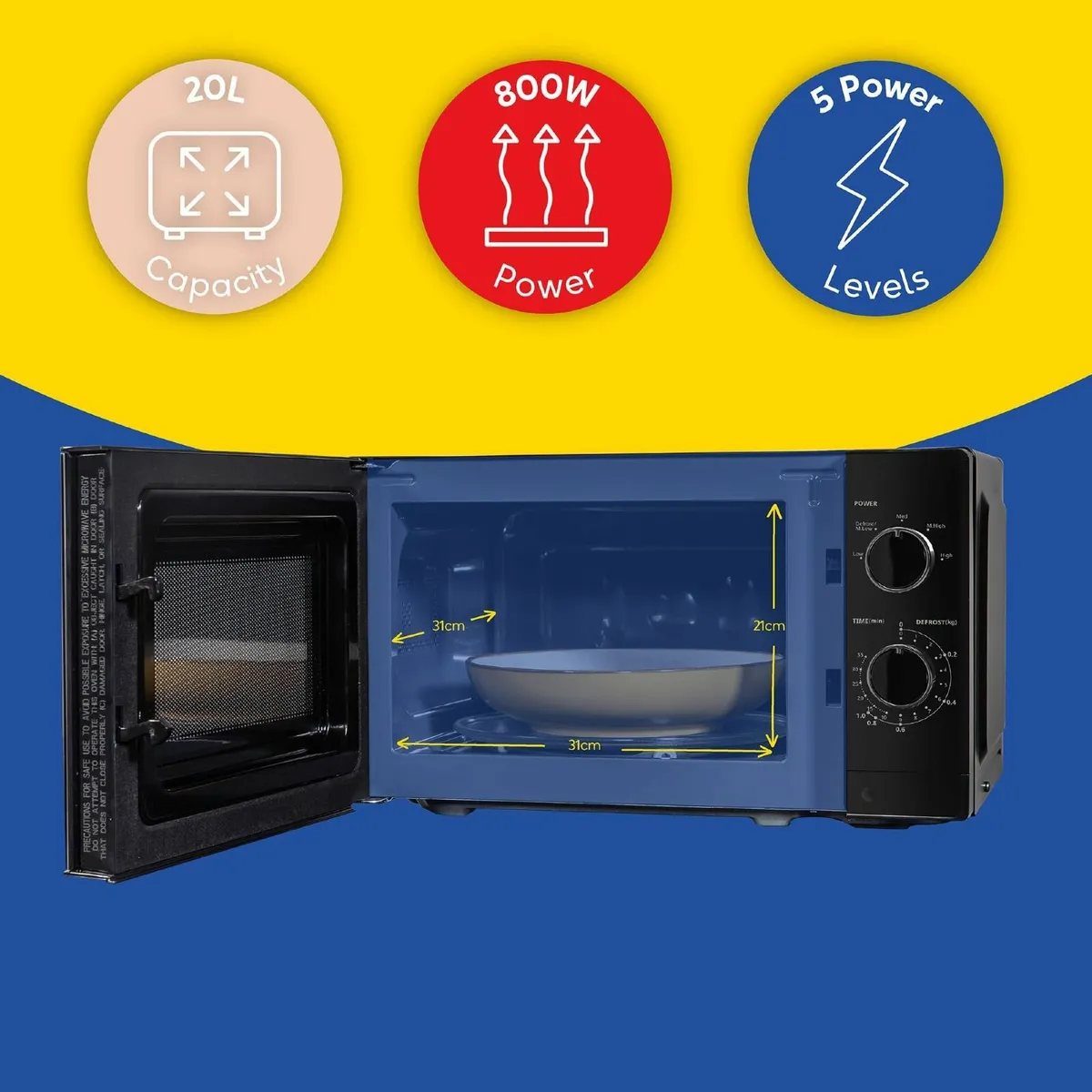 20 Litre 800W Black Solo Manual Microwave 5 Power - Image 4
