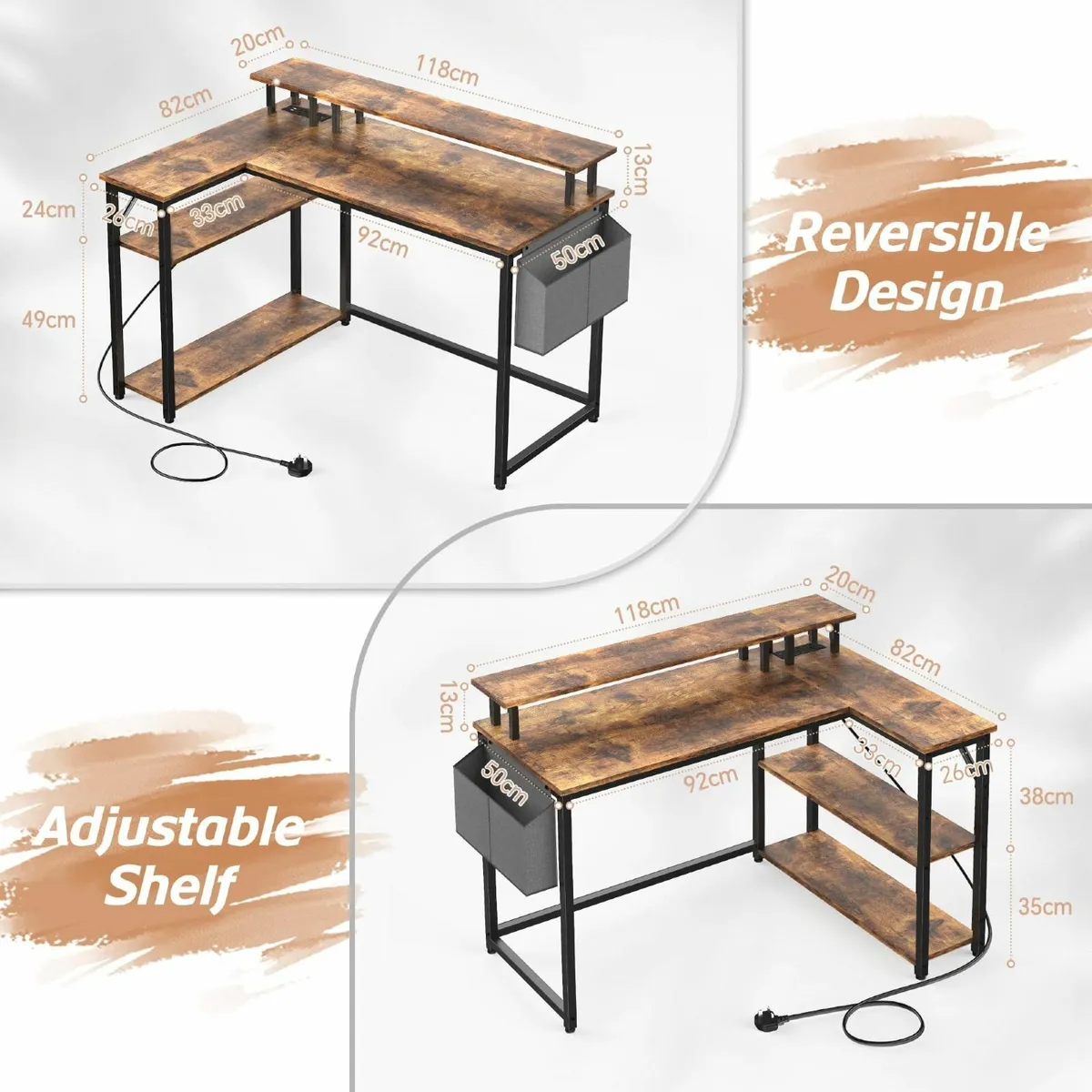L Shaped Desk with Led Lights＆Power Outlet 118CM - Image 2
