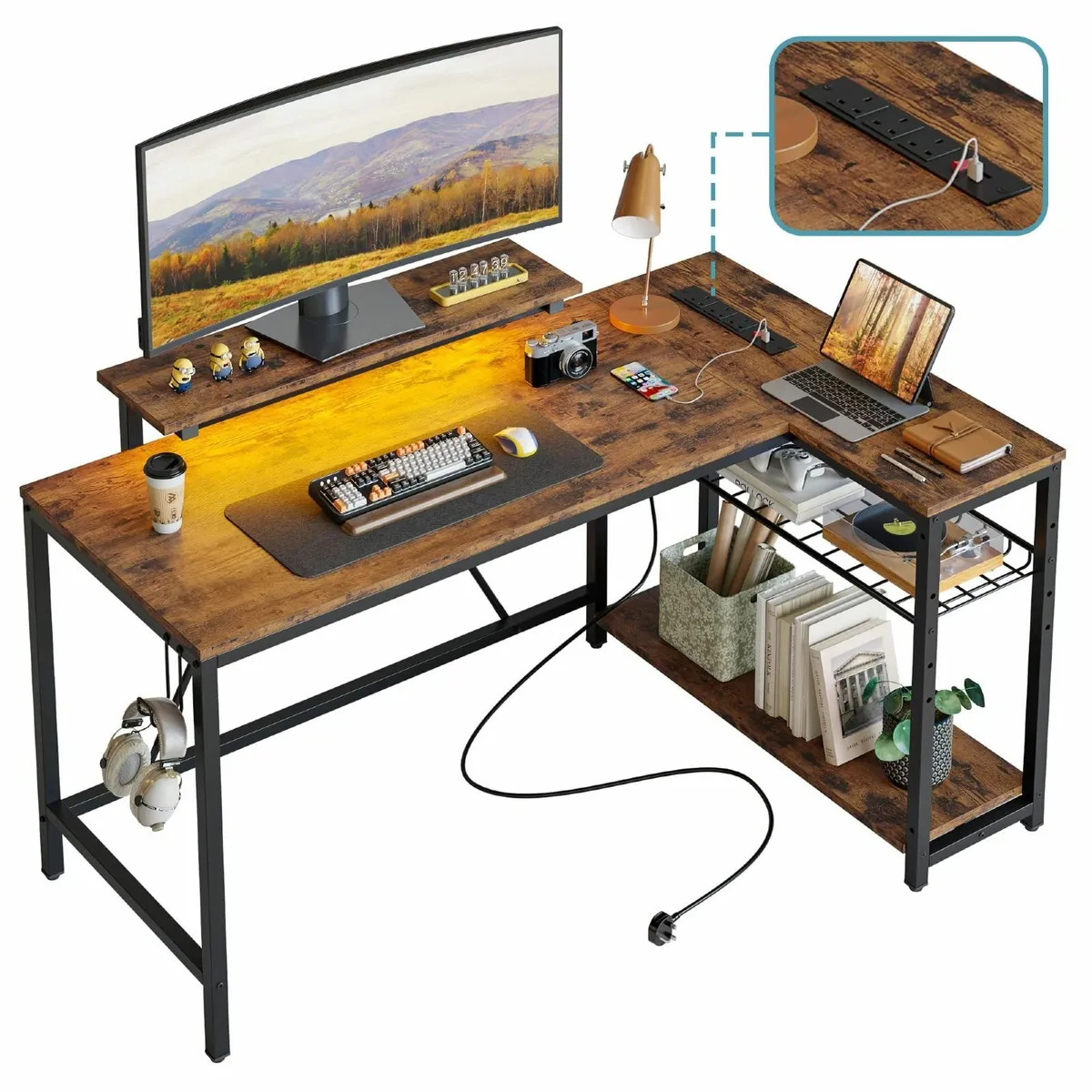 132.5CM L-Shaped Desk with 3 Power Outlets 2 USB - Image 1