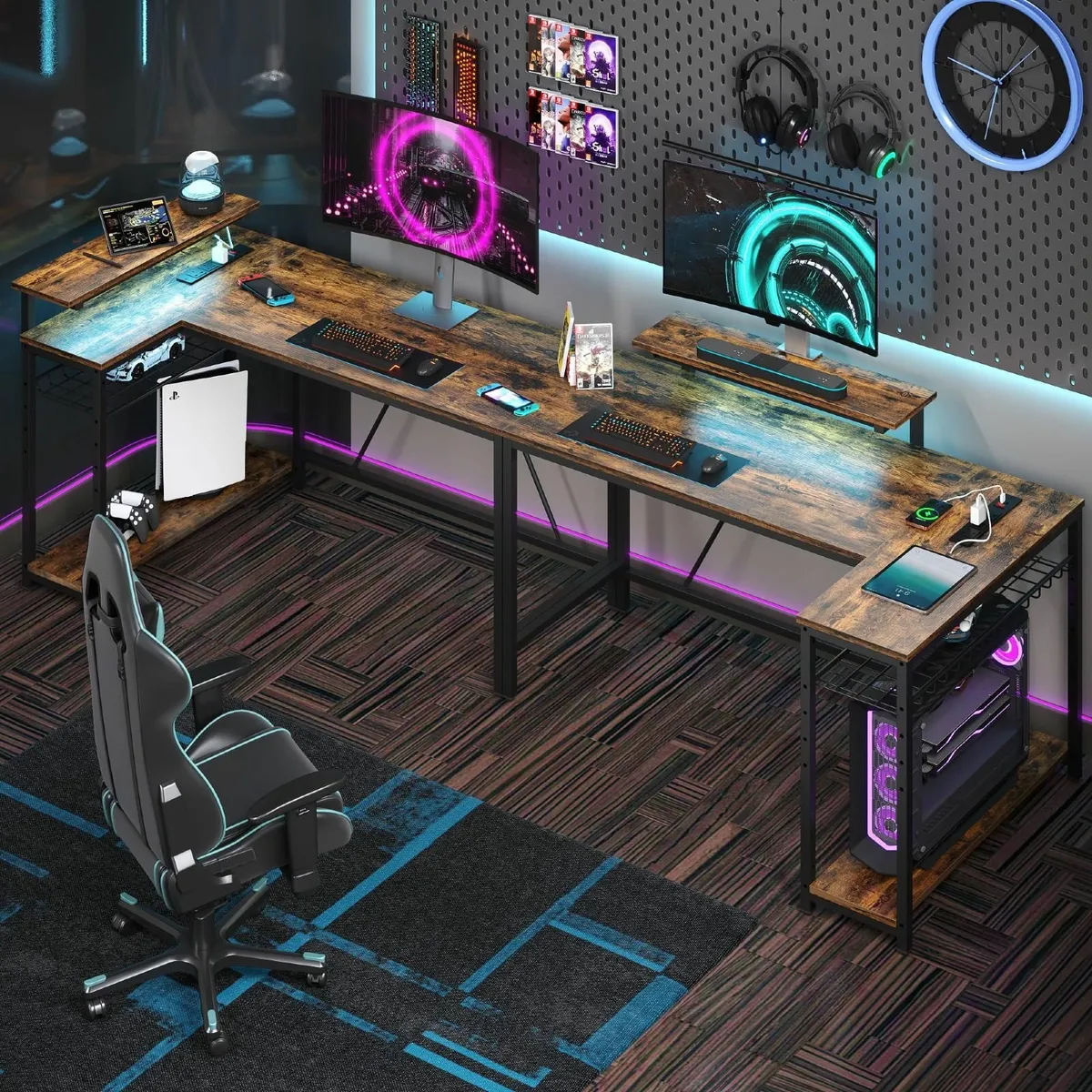 132.5CM L-Shaped Desk with 3 Power Outlets 2 USB - Image 4