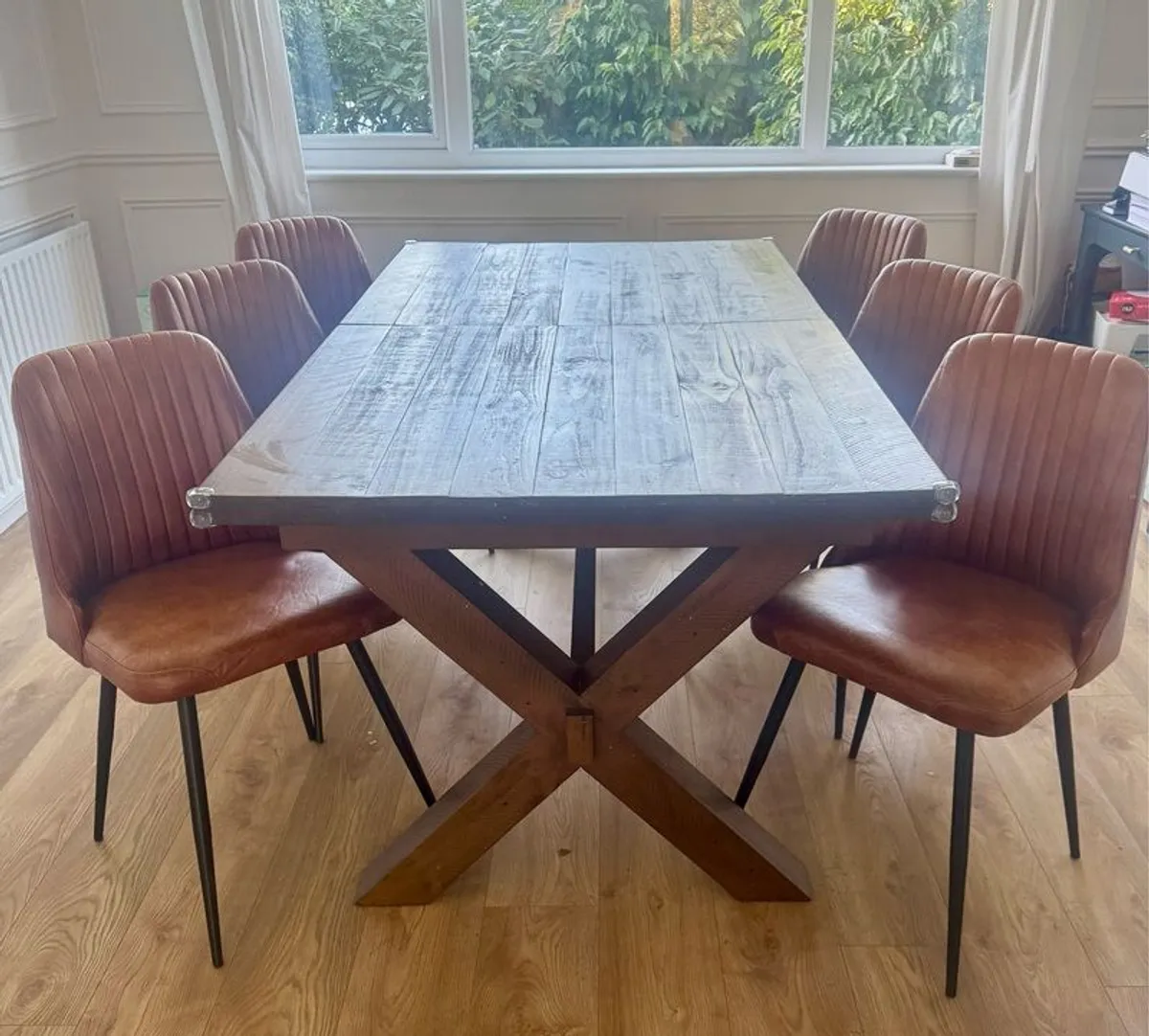 Six tan leather dining chairs - Image 1