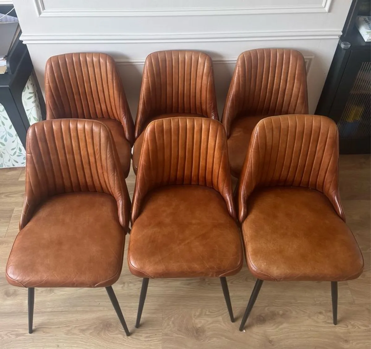 Six tan leather dining chairs - Image 4