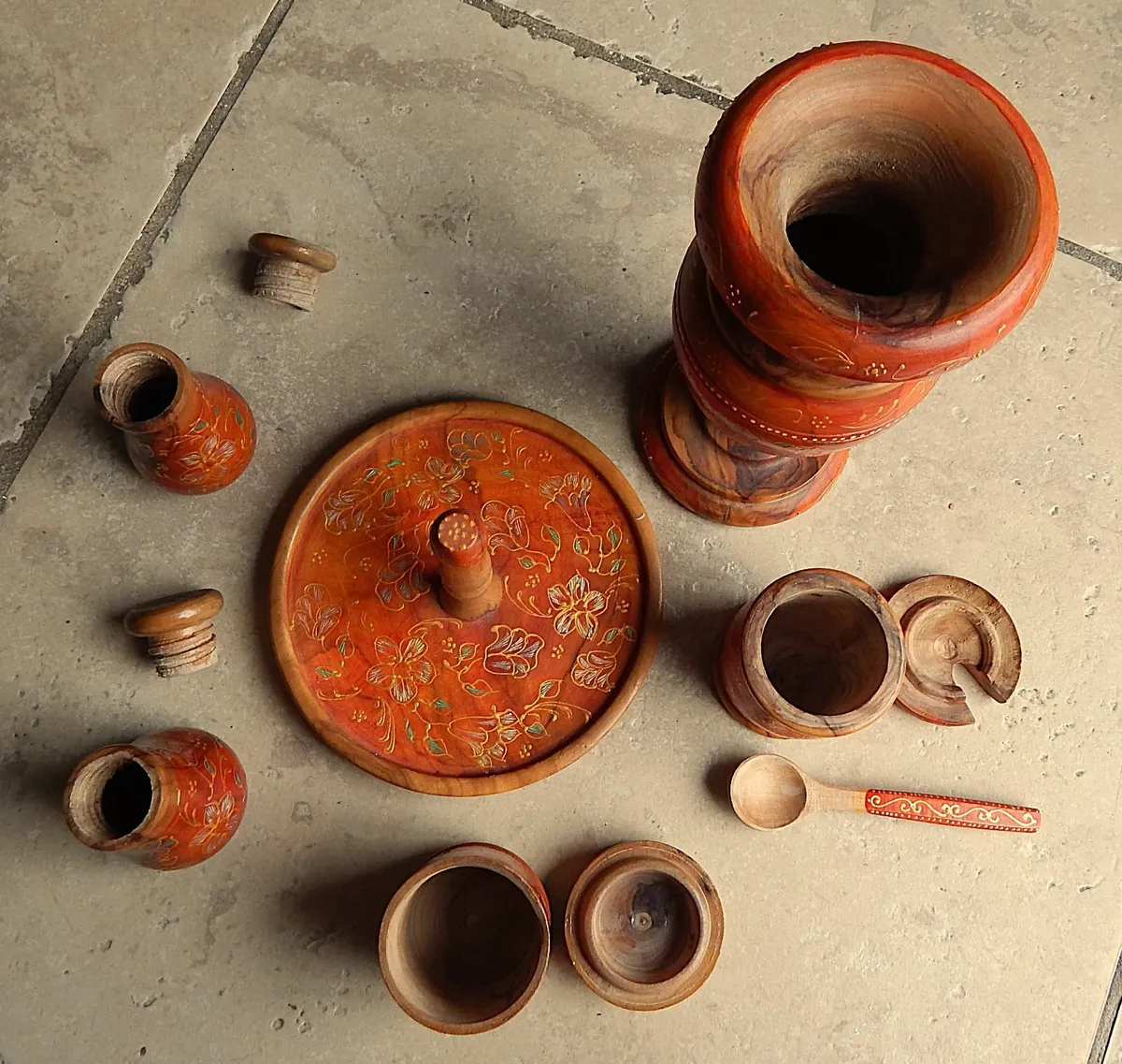 Hand Made, Hand Decorated Wooden Cruet Set & Vase - Image 3