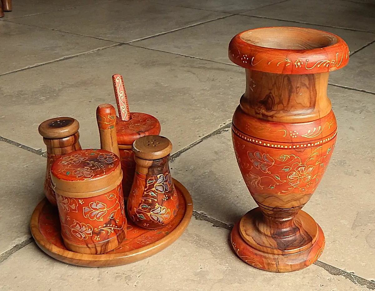 Hand Made, Hand Decorated Wooden Cruet Set & Vase - Image 1
